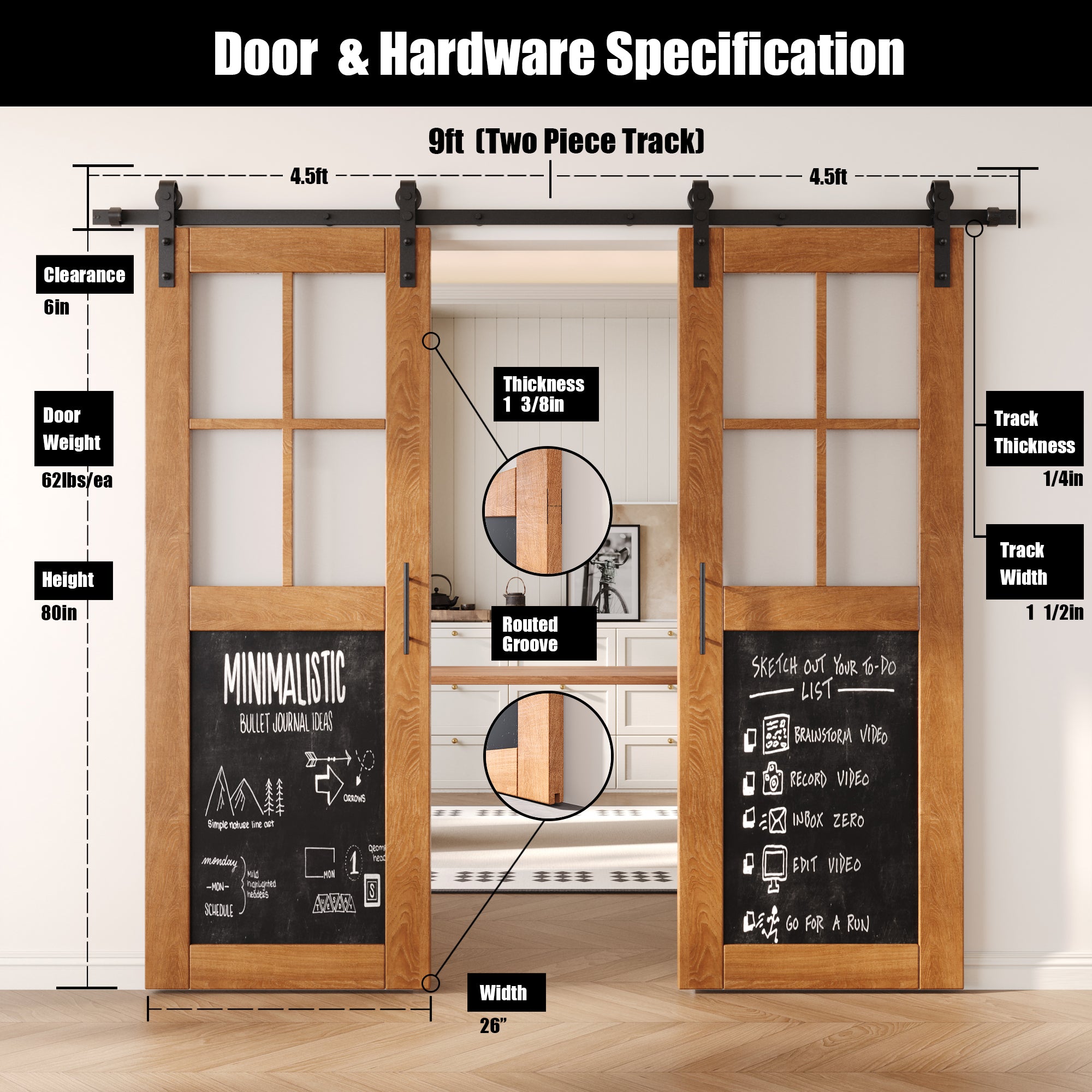 80" Height Half Lite Early American Chalkboard Double Unassembled & Finished Pine Wood Barn Doors with Non-Bypass Installation Hardware Kit (Interior Use Only)