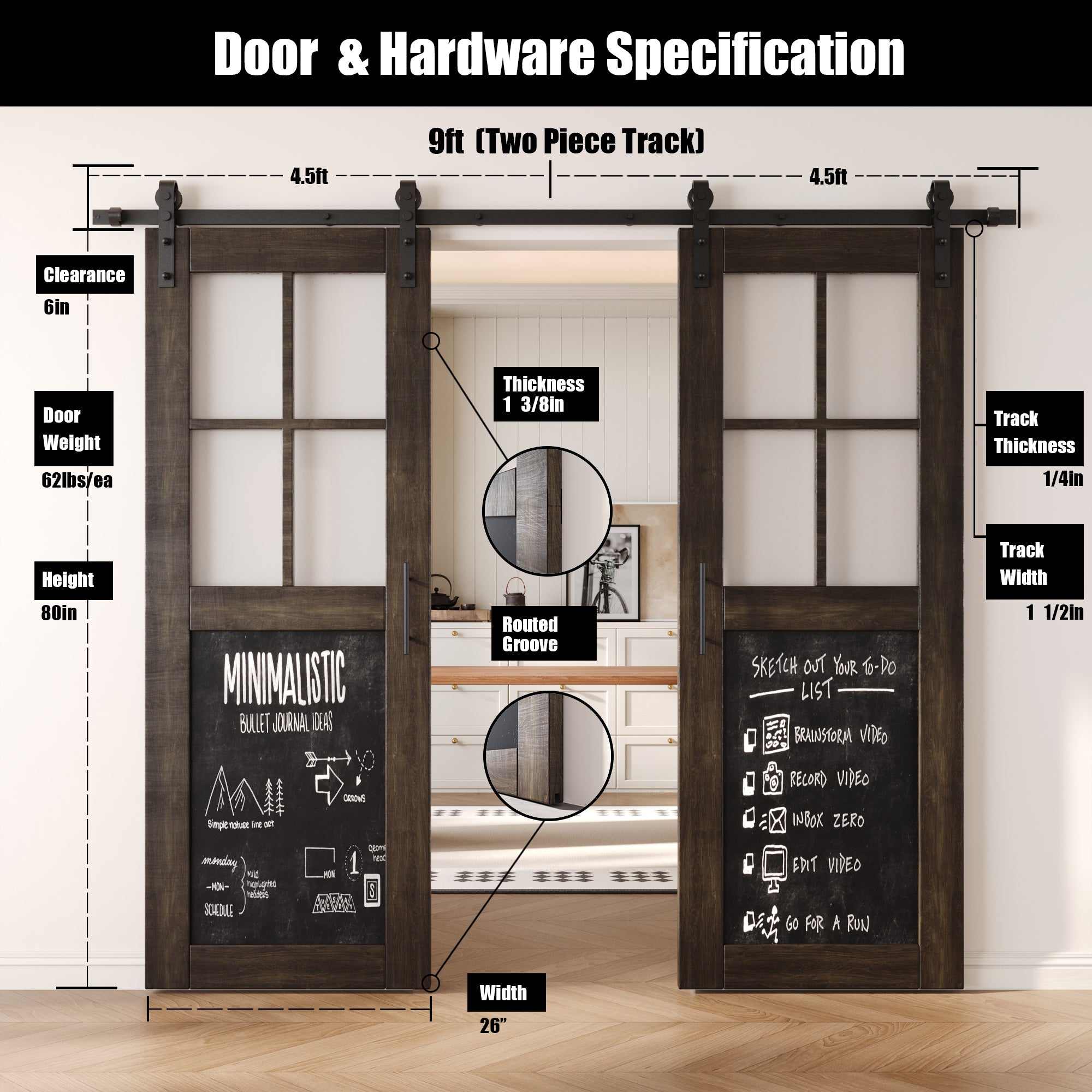 80" Height Half Lite Ebony Chalkboard Double Unassembled & Finished Pine Wood Barn Doors with Non-Bypass Installation Hardware Kit (Interior Use Only)