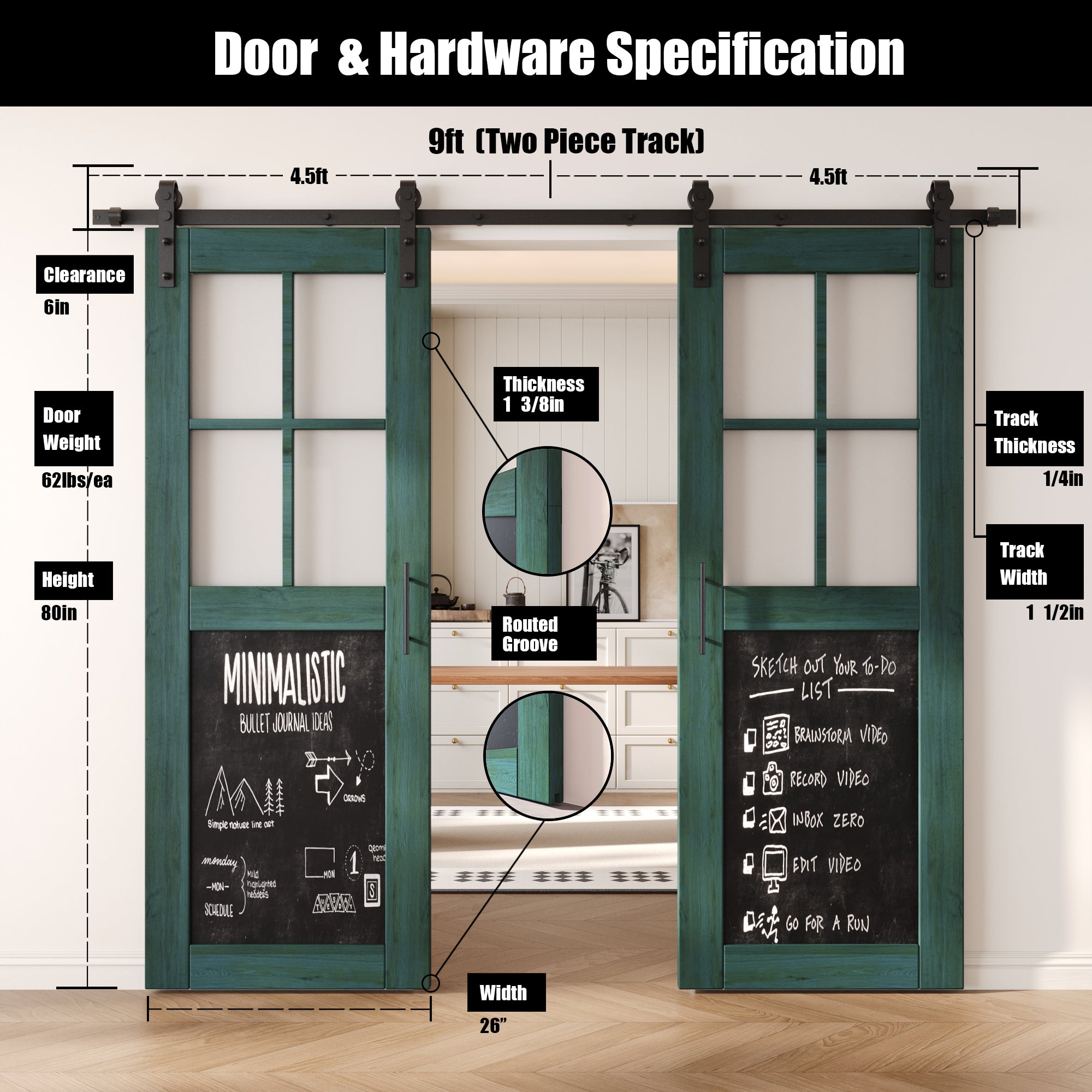80" Height Half Lite Royal Pine Chalkboard Double Unassembled & Finished Pine Wood Barn Doors with Non-Bypass Installation Hardware Kit (Interior Use Only)