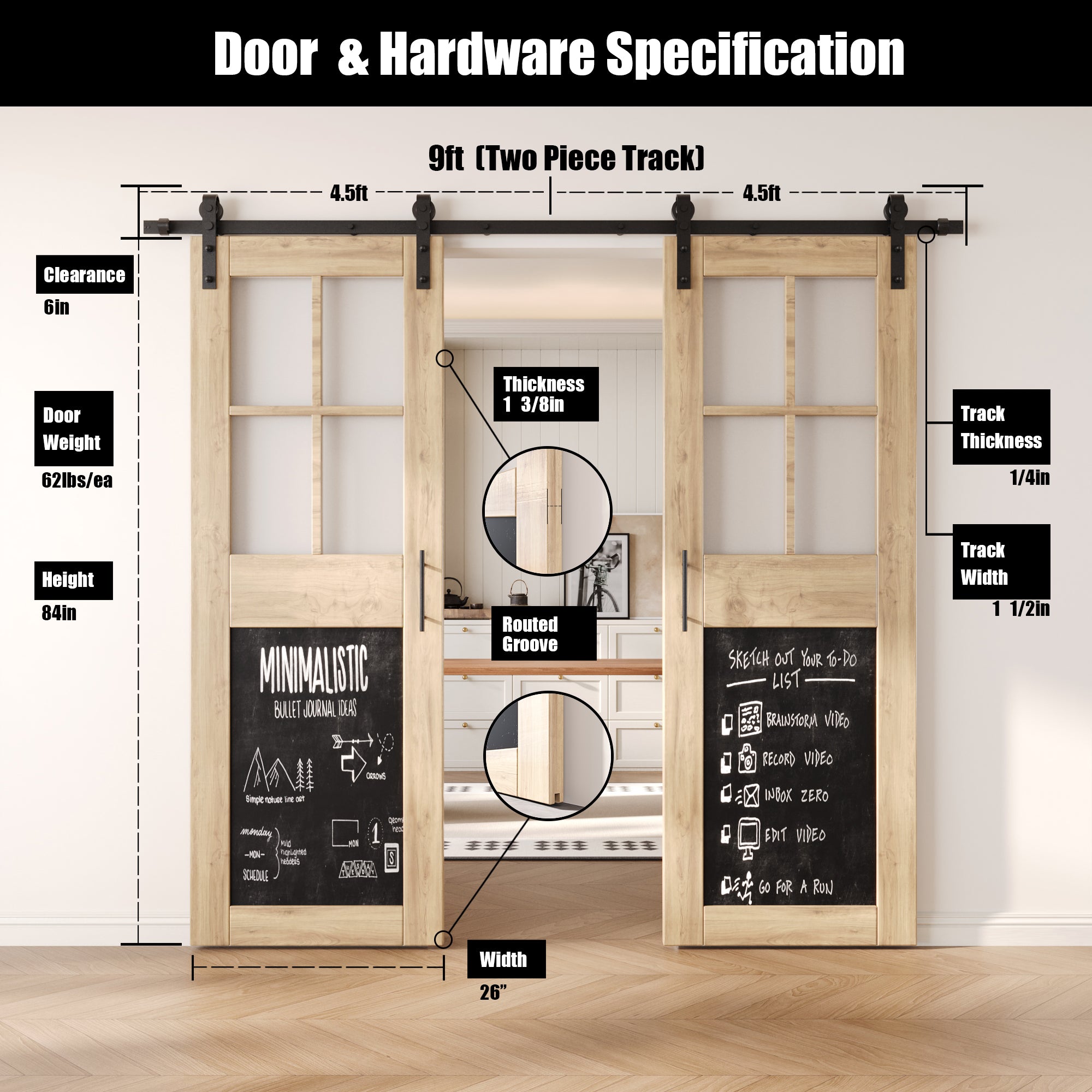 84" Height Half Lite Chalkboard Double Unassembled & Unfinished Pine Wood Barn Doors with Non-Bypass Installation Hardware Kit (Interior Use Only)