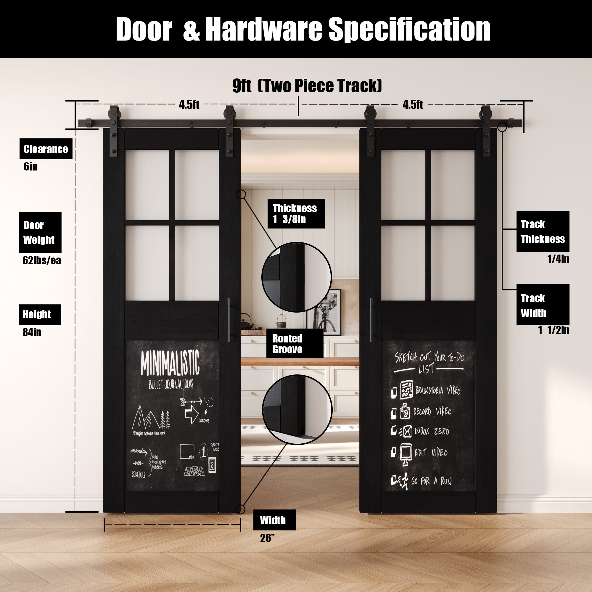 84" Height Black Half Lite Chalkboard Double Unassembled & Finished Pine Wood Barn Doors with Non-Bypass Installation Hardware Kit (Interior Use Only)