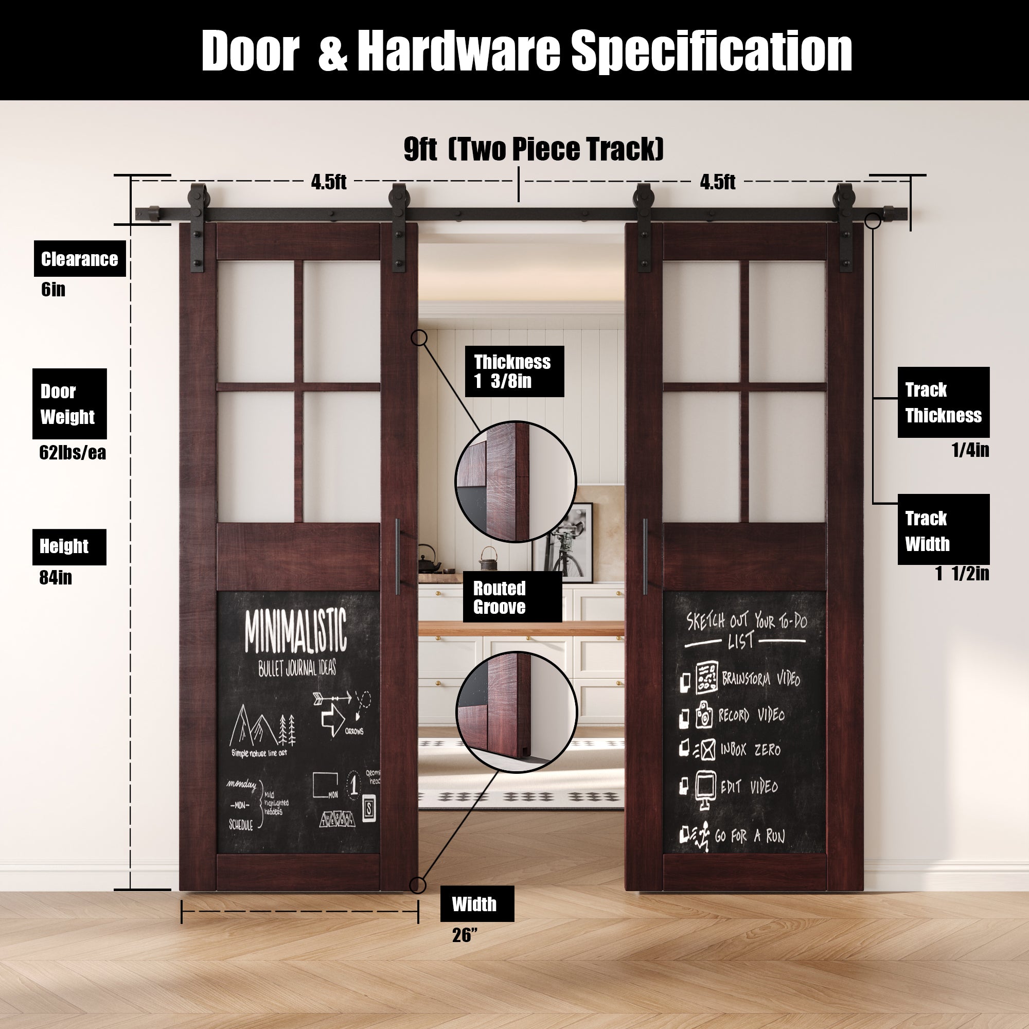 84" Height Red Mahogany Half Lite Chalkboard Double Unassembled & Finished Pine Wood Barn Doors with Non-Bypass Installation Hardware Kit (Interior Use Only)
