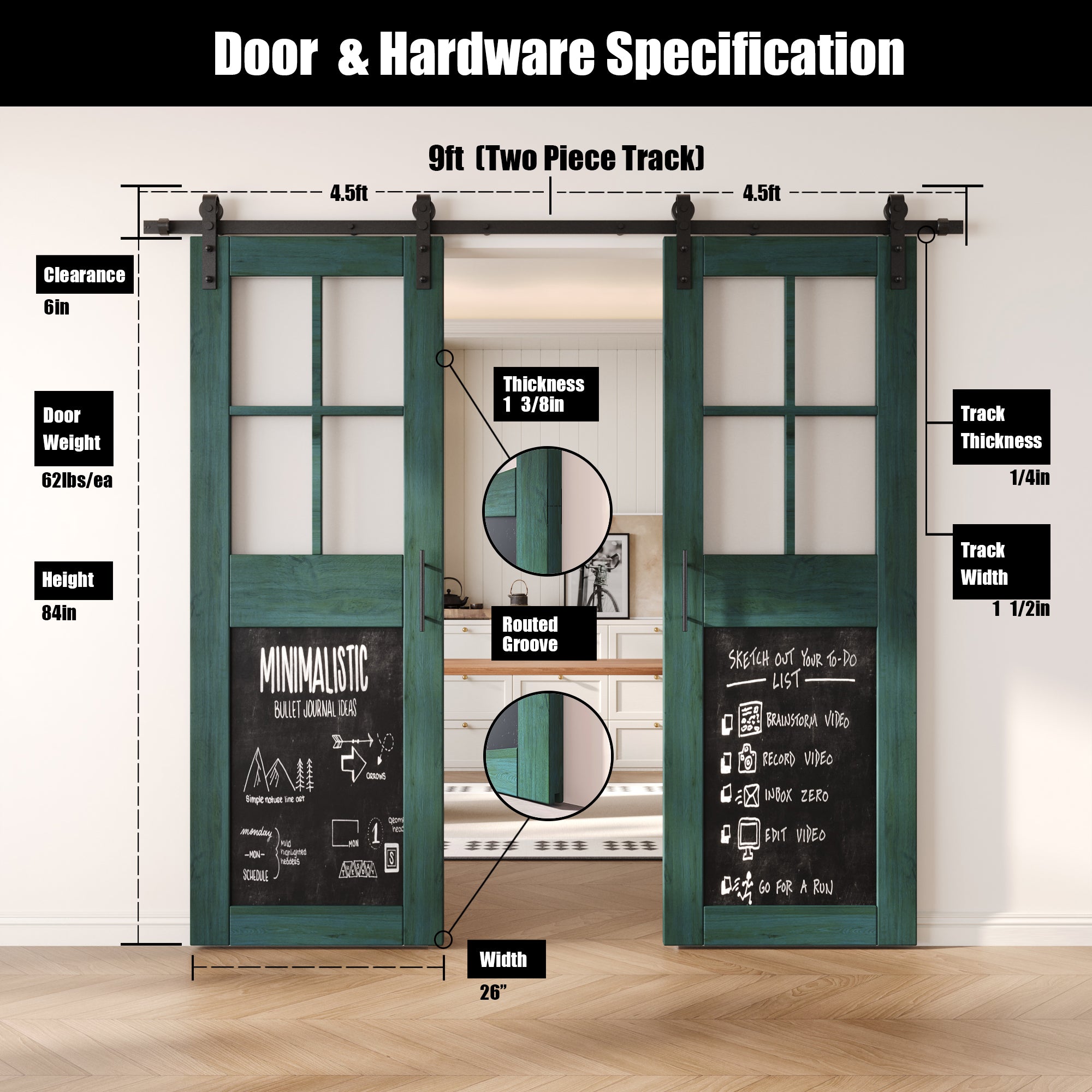 84" Height Royal Pine Half Lite Chalkboard Double Unassembled & Finished Pine Wood Barn Doors with Non-Bypass Installation Hardware Kit (Interior Use Only)