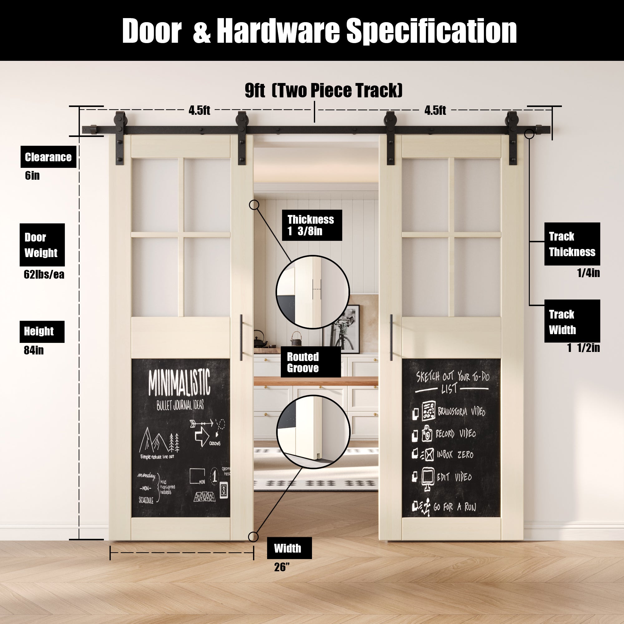 84" Height Tinsmith Gray Half Lite Chalkboard Double Unassembled & Finished Pine Wood Barn Doors with Non-Bypass Installation Hardware Kit (Interior Use Only)