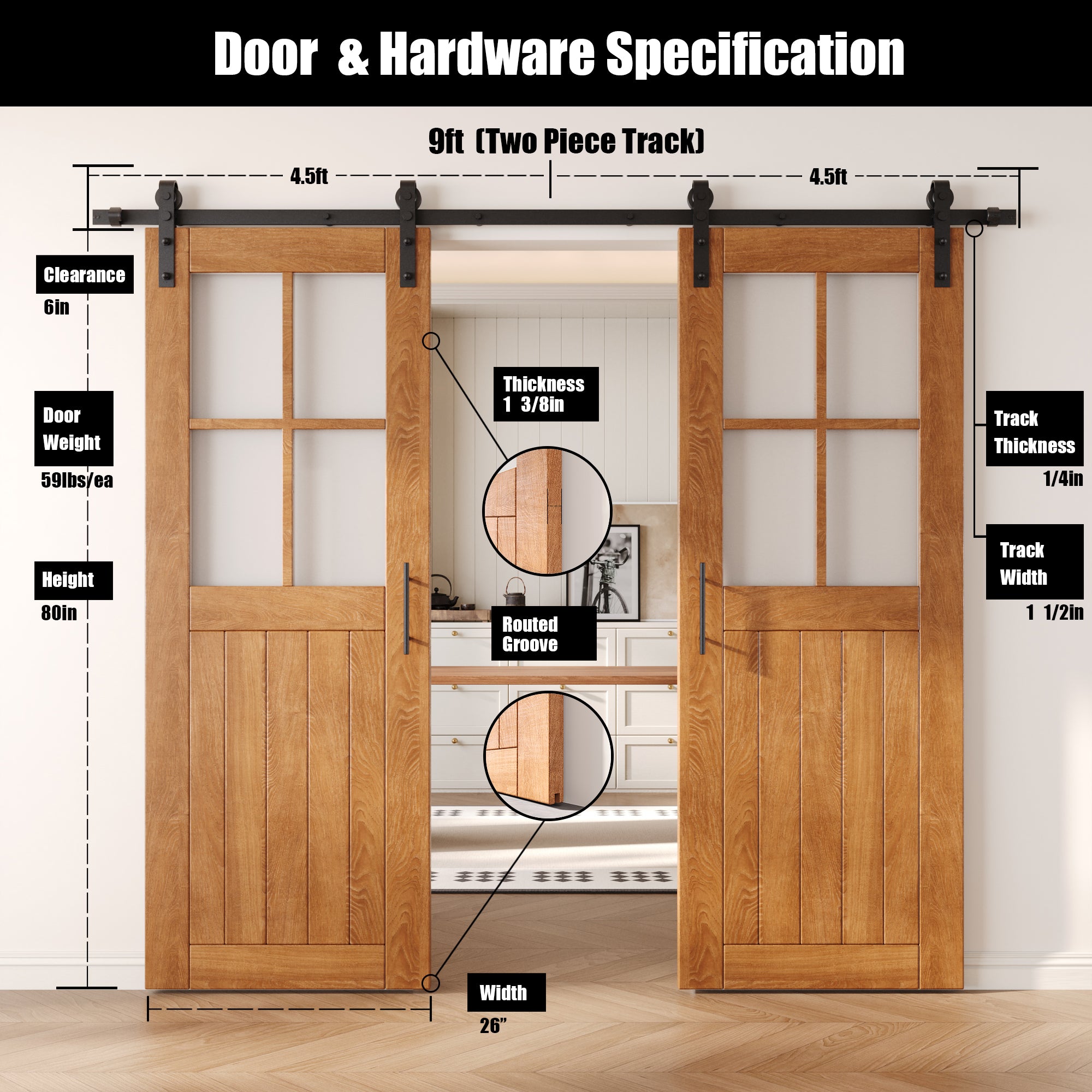 80" Height Early American Half Lite Grid Glass Double Unassembled & Finished Pine Wood Barn Doors with Non-Bypass Installation Hardware Kit (Interior Use Only)