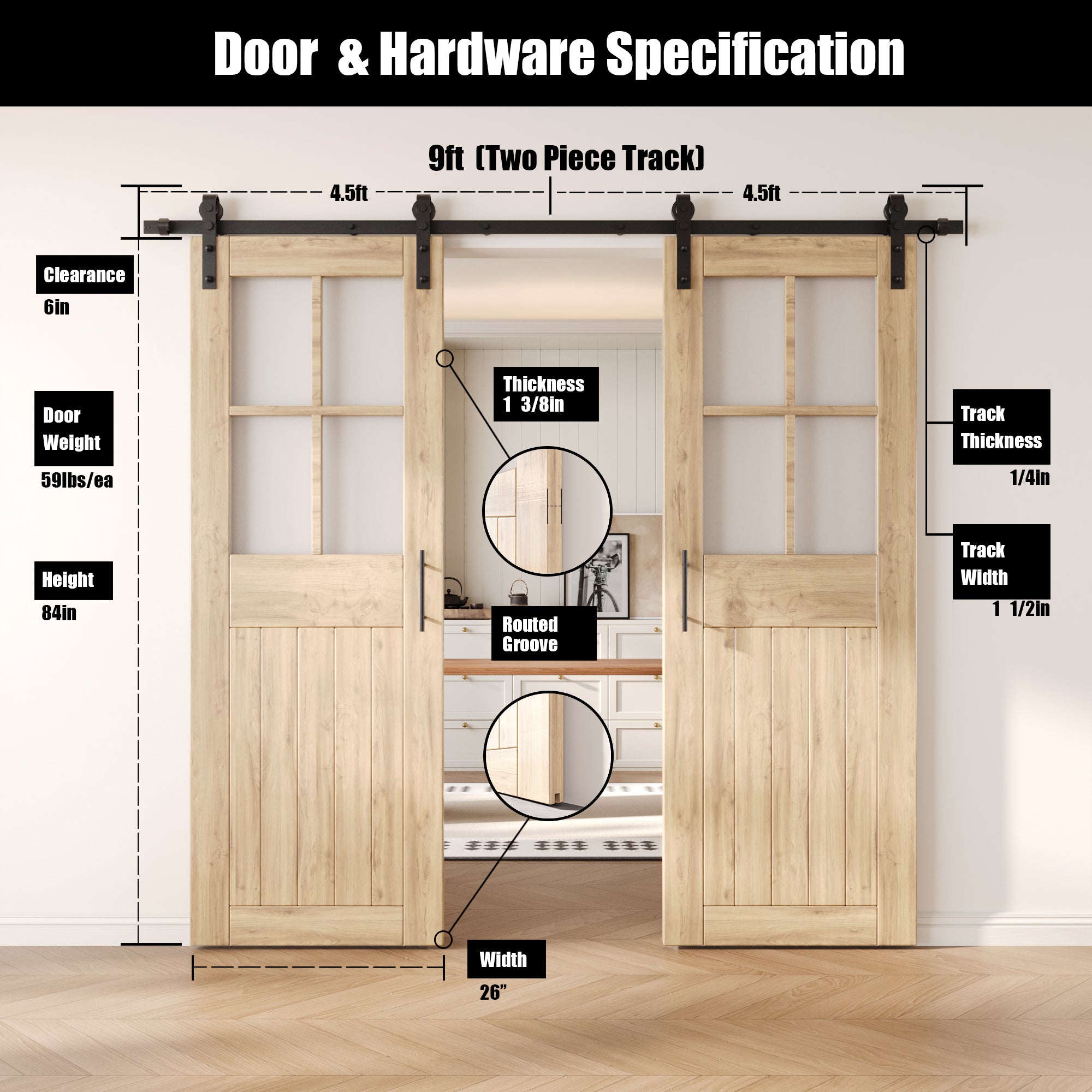 84" Height Half Lite Grid Glass Double Unassembled & Unfinished Pine Wood Barn Doors with Non-Bypass Installation Hardware Kit (Interior Use Only)