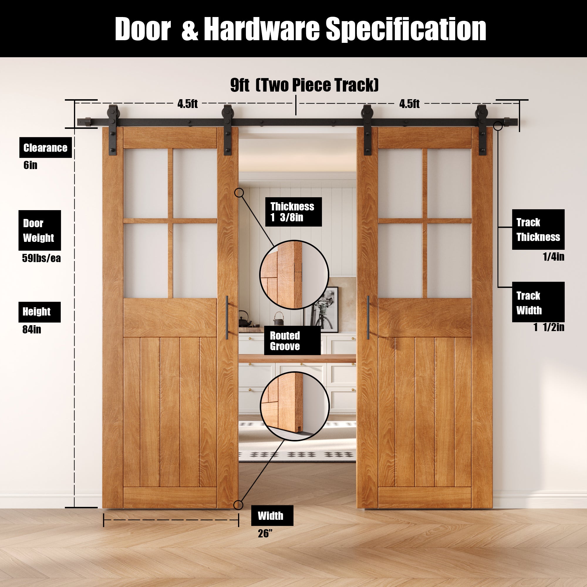 84" Height Early American Half Lite Grid Glass Double Unassembled & Finished Pine Wood Barn Doors with Non-Bypass Installation Hardware Kit (Interior Use Only)