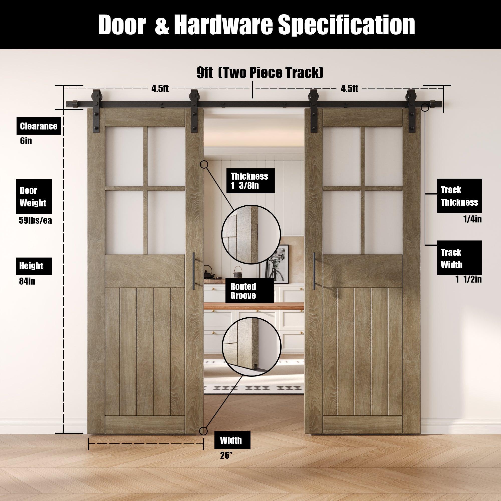 84" Height Classic Gray Half Lite Grid Glass Double Unassembled & Finished Pine Wood Barn Doors with Non-Bypass Installation Hardware Kit (Interior Use Only)