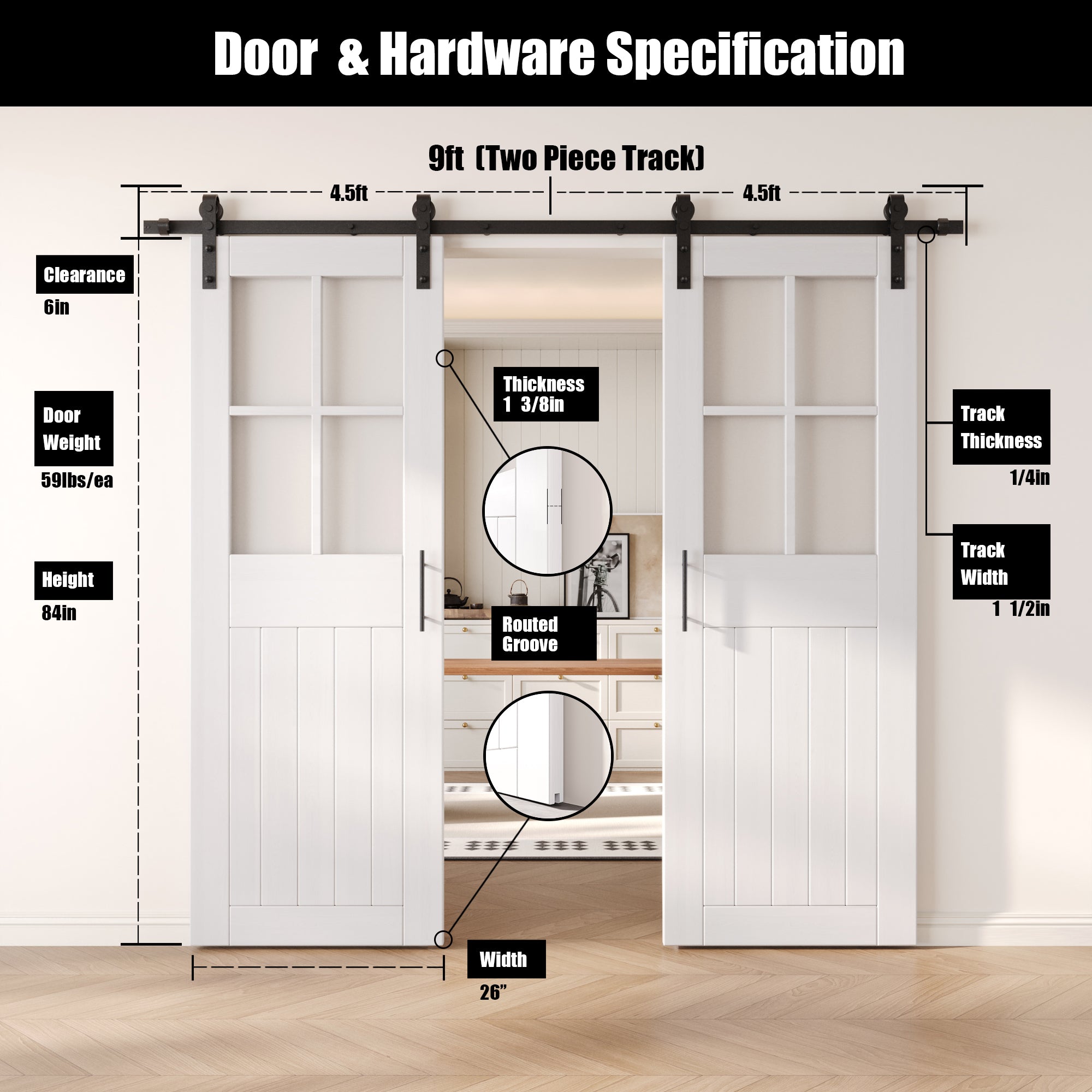 84" Height White Half Lite Grid Glass Double Unassembled & Finished Pine Wood Barn Doors with Non-Bypass Installation Hardware Kit (Interior Use Only)