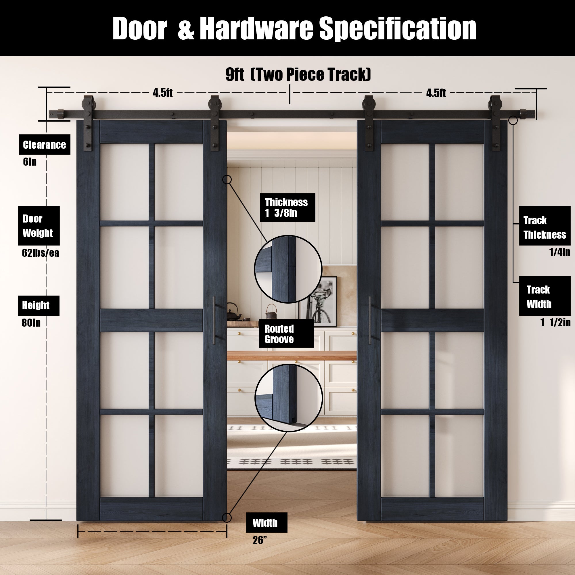 80" Height Navy 8-Lite Frosted Glass Double Unassembled & Finished Pine Wood Barn Doors with Non-Bypass Installation Hardware Kit (Interior Use Only)