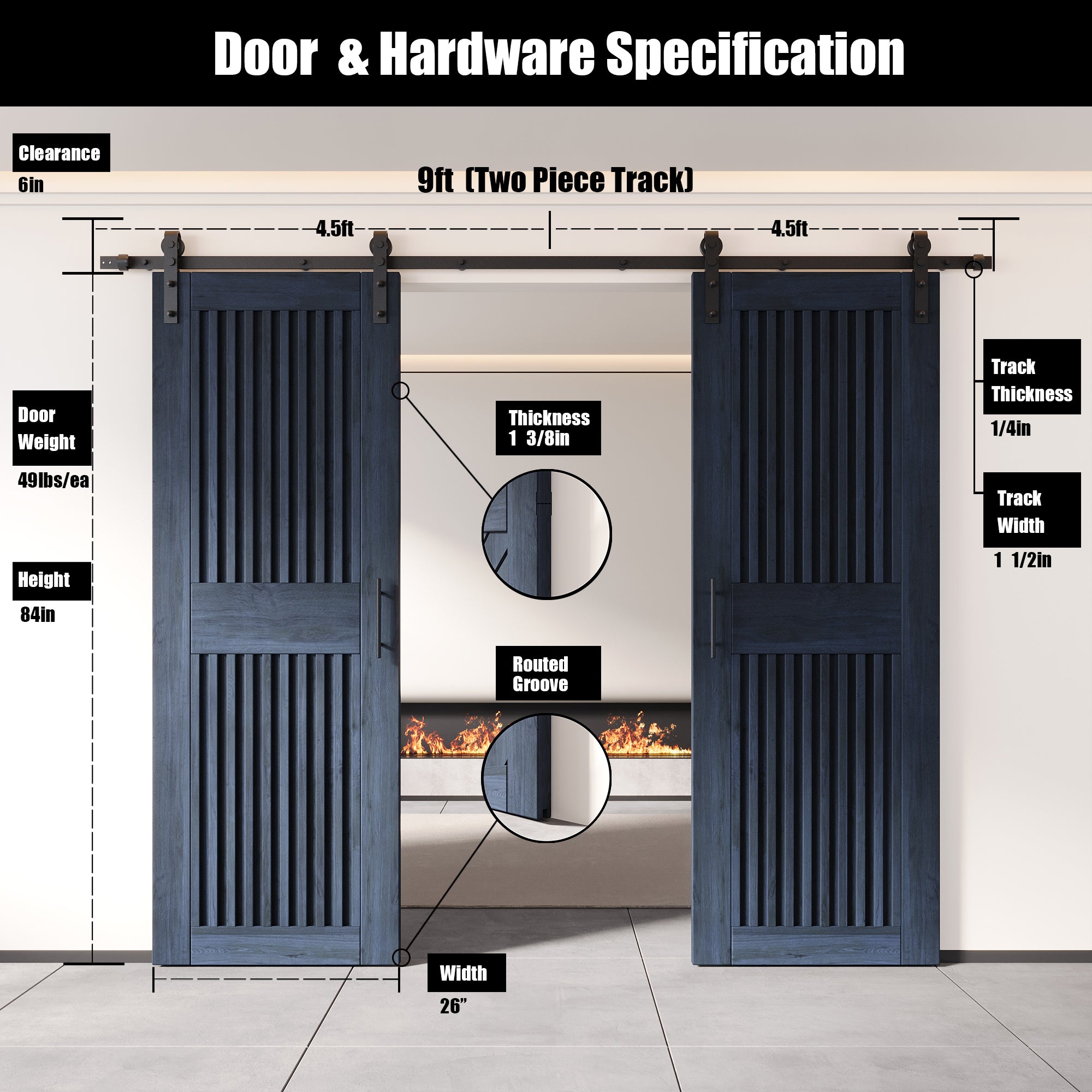 84" Height Navy Vertical Stripe Design Unassembled & Finished Double Pine Wood Barn Door with Non-Bypass Installation Hardware Kit(Interior Use Only)