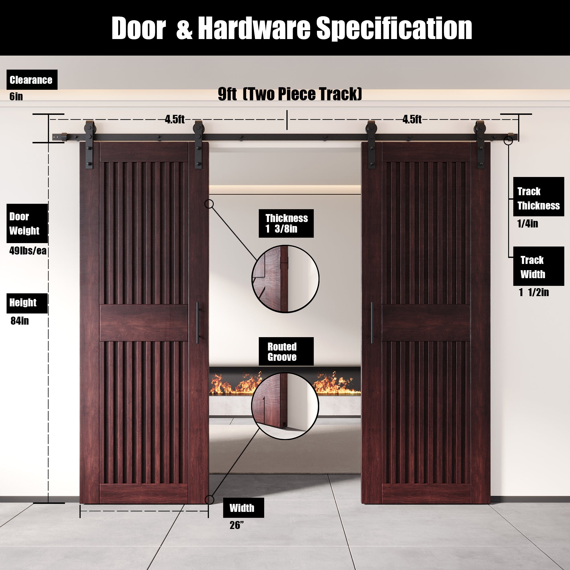 84" Height Red Mahogany Vertical Stripe Design Unassembled & Finished Double Pine Wood Barn Door with Non-Bypass Installation Hardware Kit(Interior Use Only)