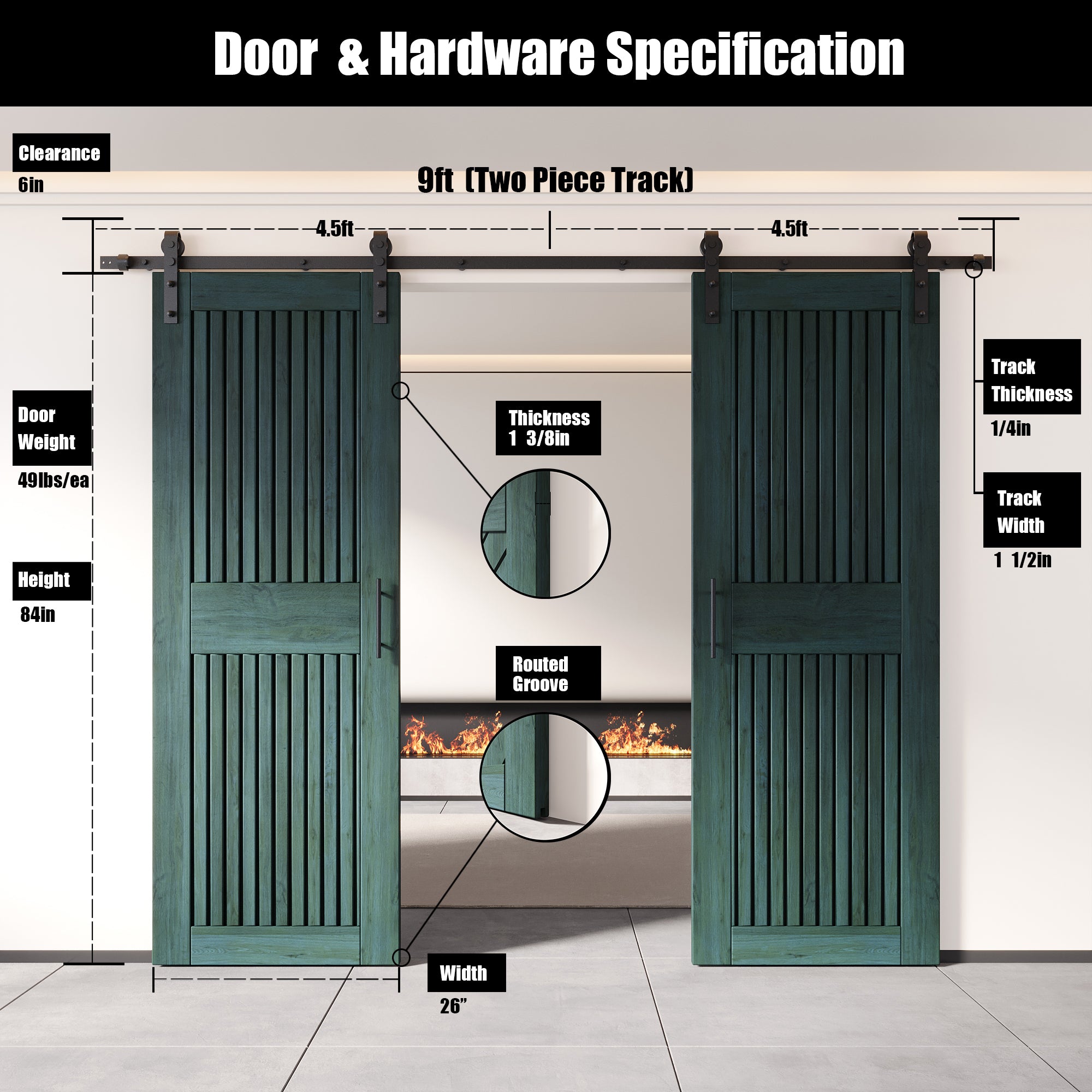 84" Height Royal Pine Vertical Stripe Design Unassembled & Finished Double Pine Wood Barn Door with Non-Bypass Installation Hardware Kit(Interior Use Only)