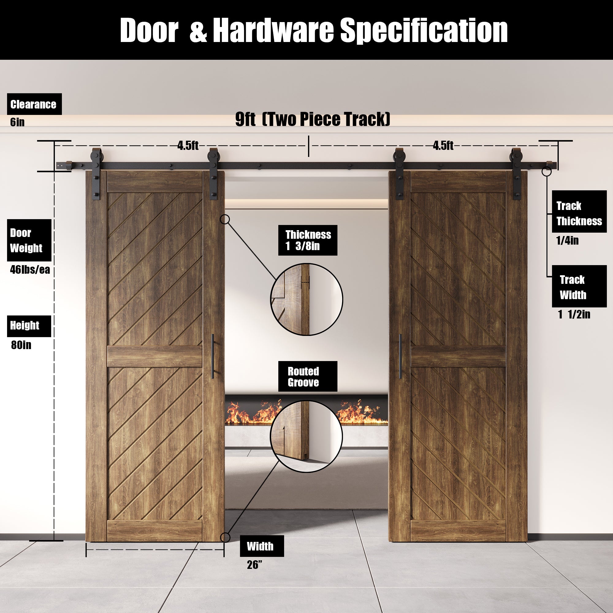 interior-use dark walnut double barn door, non-bypass
