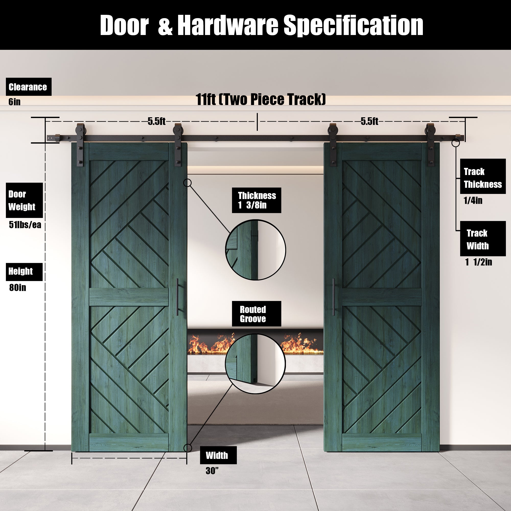 80" Height Royal Pine Geometric Design Unassembled & Finished Double Pine Wood Barn Door with Non-Bypass Installation Hardware Kit(Interior Use Only)