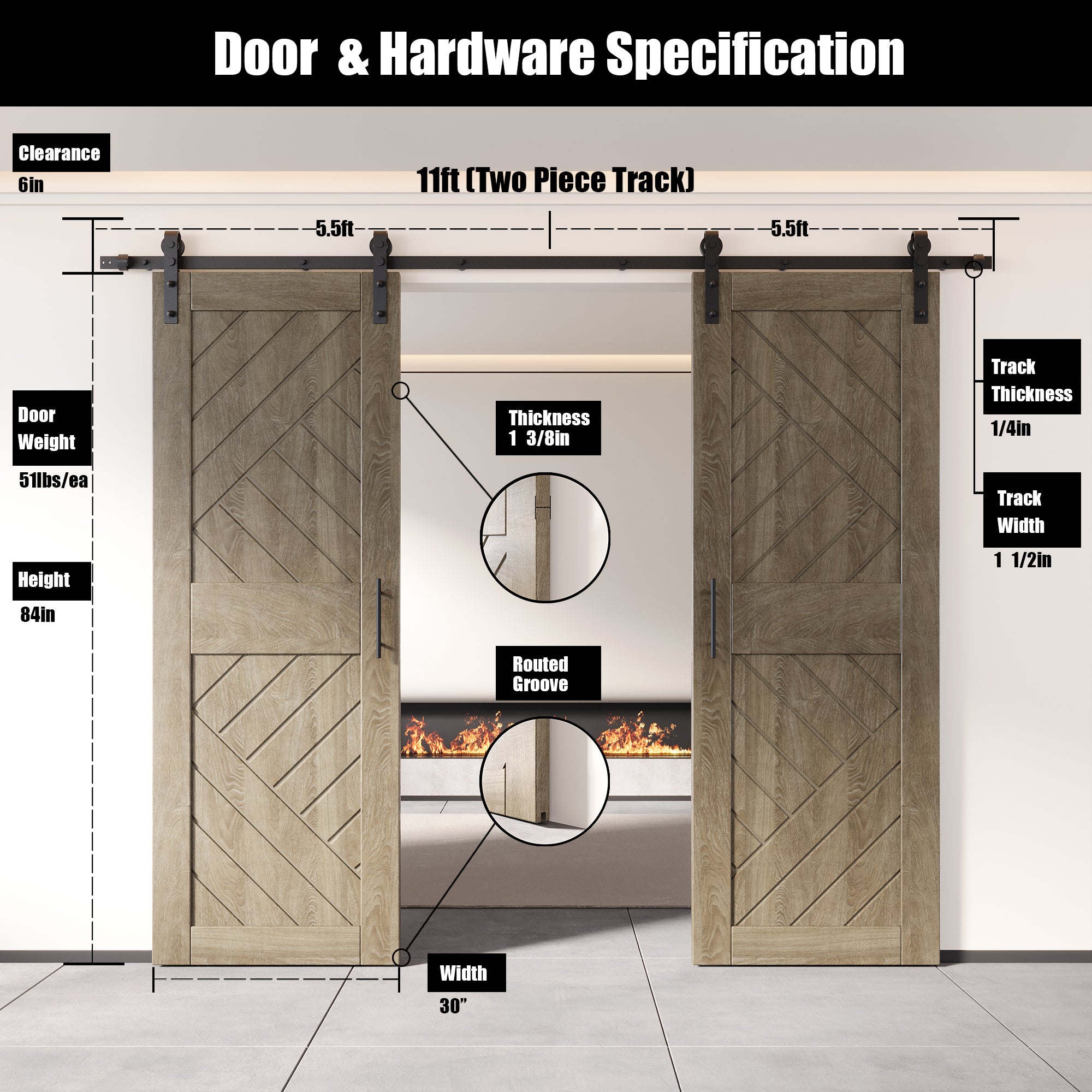 84" Height Classic Gray Geometric Design Unassembled & Finished Double Pine Wood Barn Door with Non-Bypass Installation Hardware Kit(Interior Use Only)