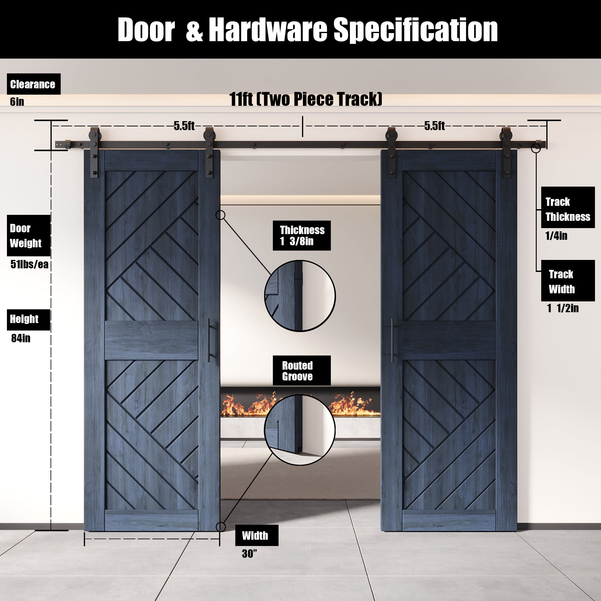 84" Height Navy Geometric Design Unassembled & Finished Double Pine Wood Barn Door with Non-Bypass Installation Hardware Kit(Interior Use Only)