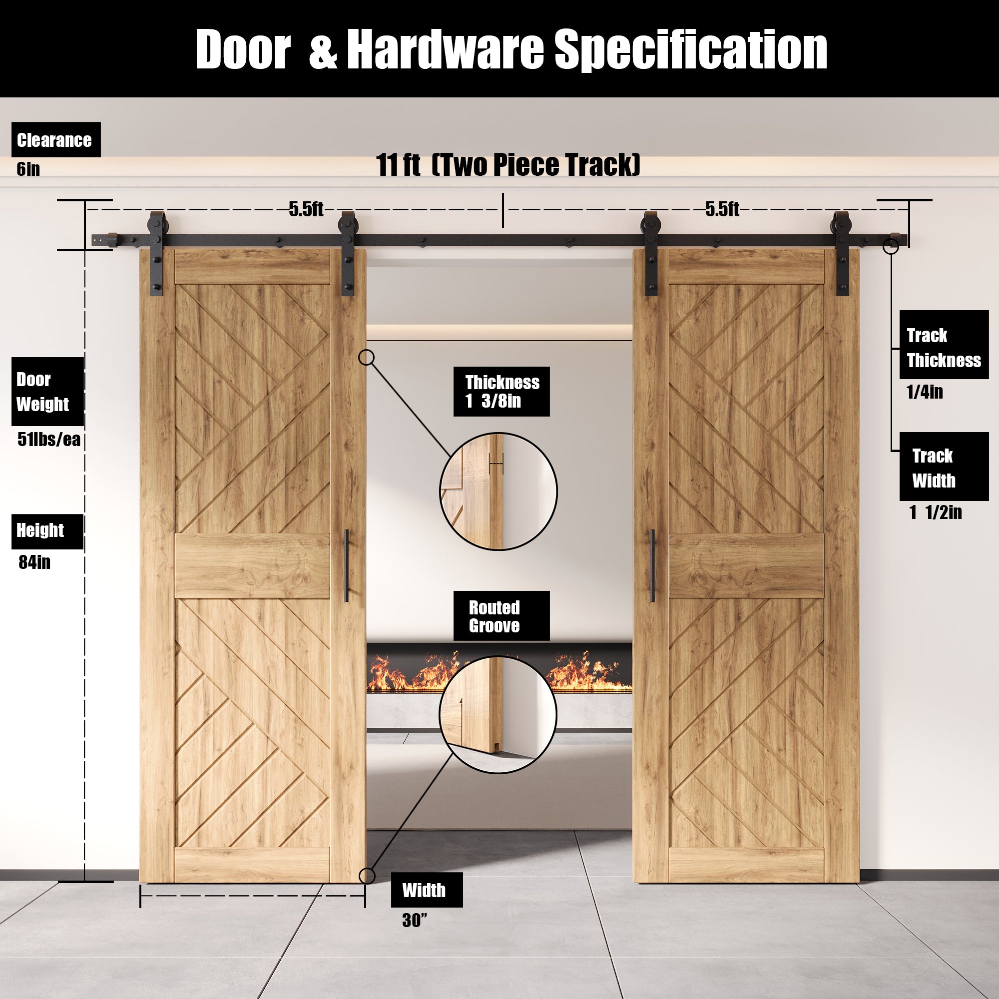 84" Height Geometric Design Unassembled & Unfinished Double Pine Wood Barn Door with Non-Bypass Installation Hardware Kit(Interior Use Only)