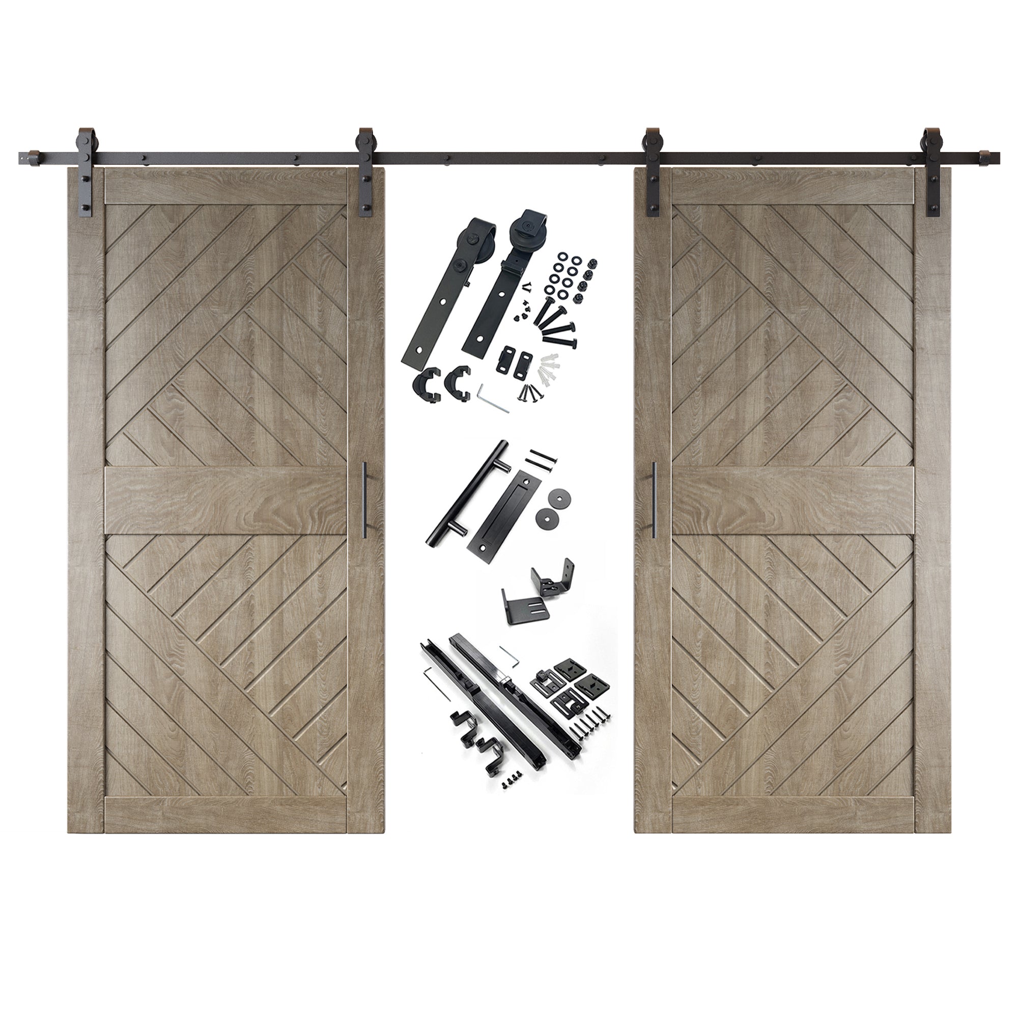 84" Height Classic Gray Geometric Design Unassembled & Finished Double Pine Wood Barn Door with Non-Bypass Installation Hardware Kit(Interior Use Only)