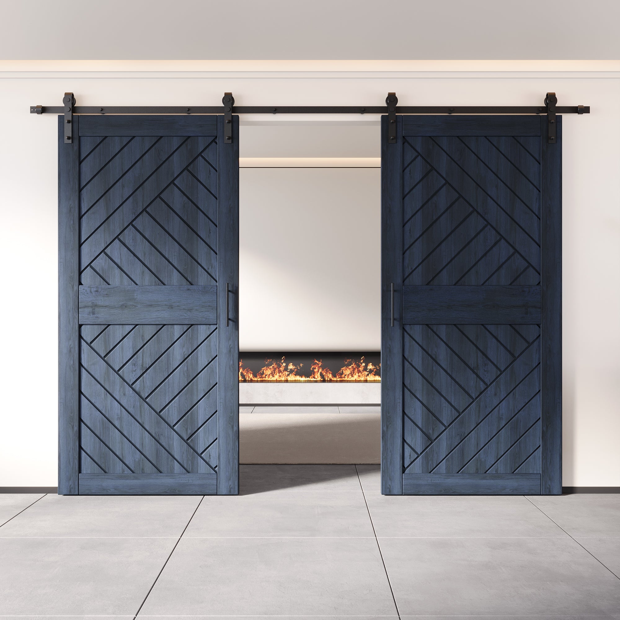 84" Height Navy Geometric Design Unassembled & Finished Double Pine Wood Barn Door with Non-Bypass Installation Hardware Kit(Interior Use Only)