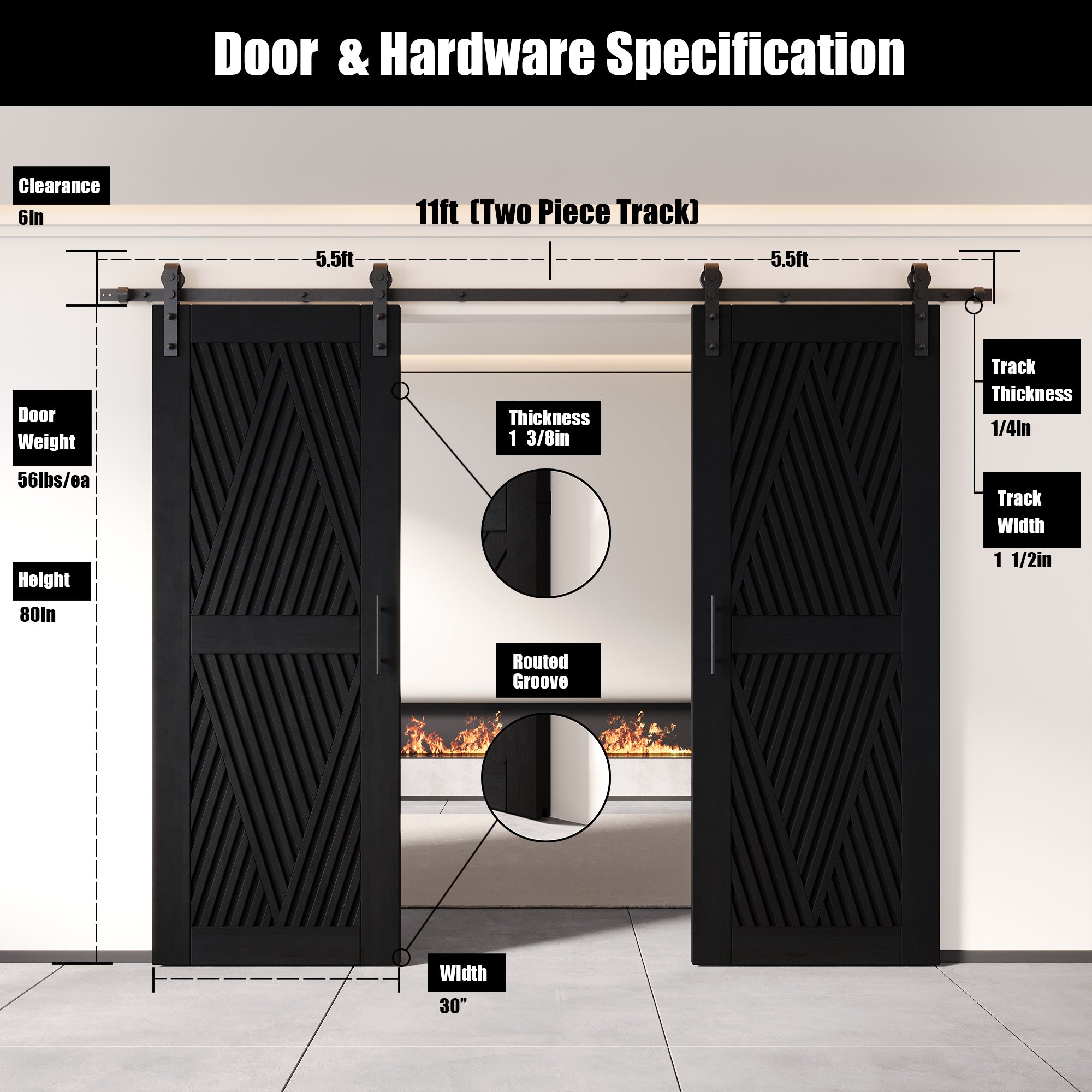 80" Height Black Diamond Design Unassembled & Finished Double Pine Wood Barn Door with Non-Bypass Installation Hardware Kit(Interior Use Only)