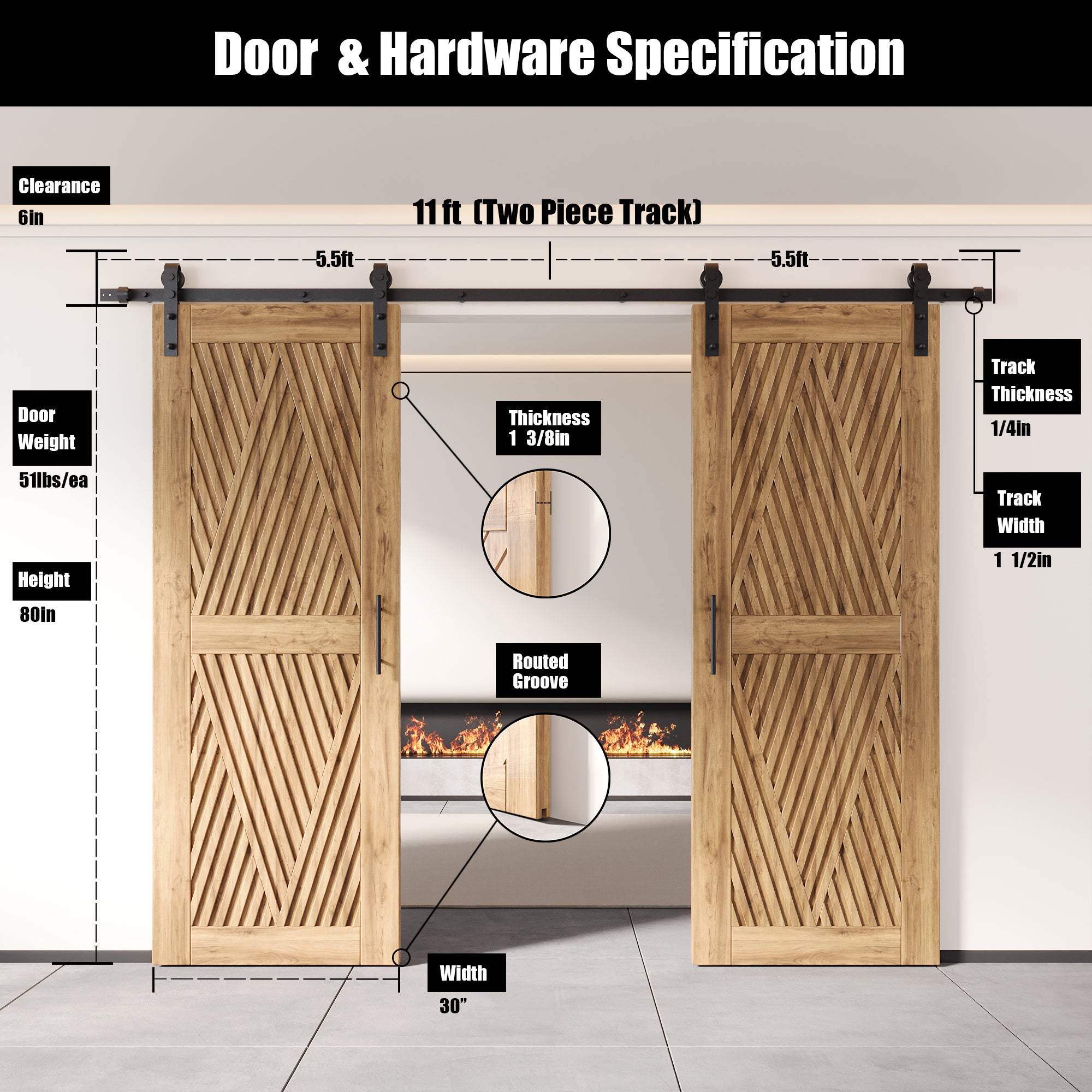 80" Height Diamond Design Unassembled & Unfinished Double Pine Wood Barn Door with Non-Bypass Installation Hardware Kit(Interior Use Only)