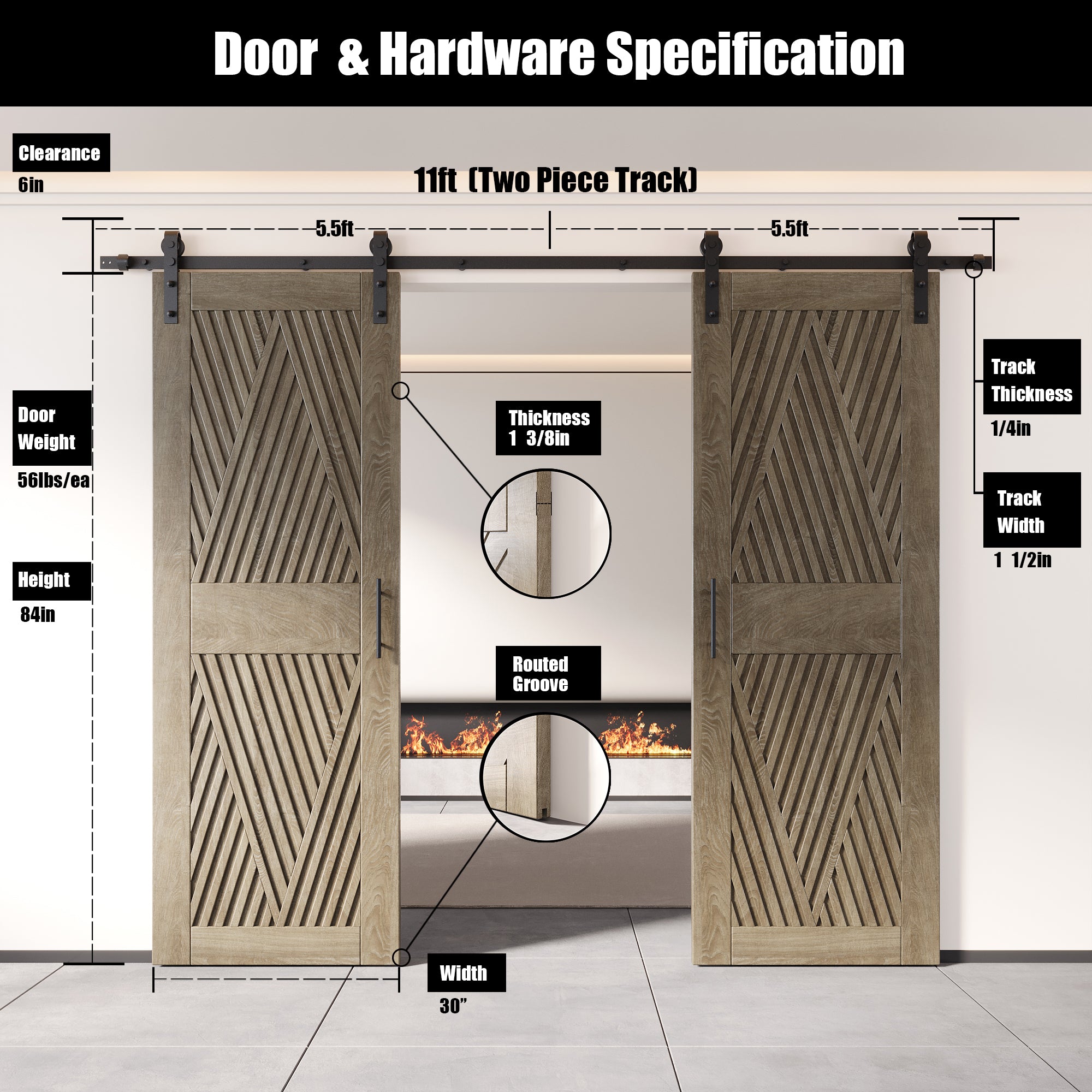 84" Height Classic Gray Diamond Design Unassembled & Finished Double Pine Wood Barn Door with Non-Bypass Installation Hardware Kit(Interior Use Only)