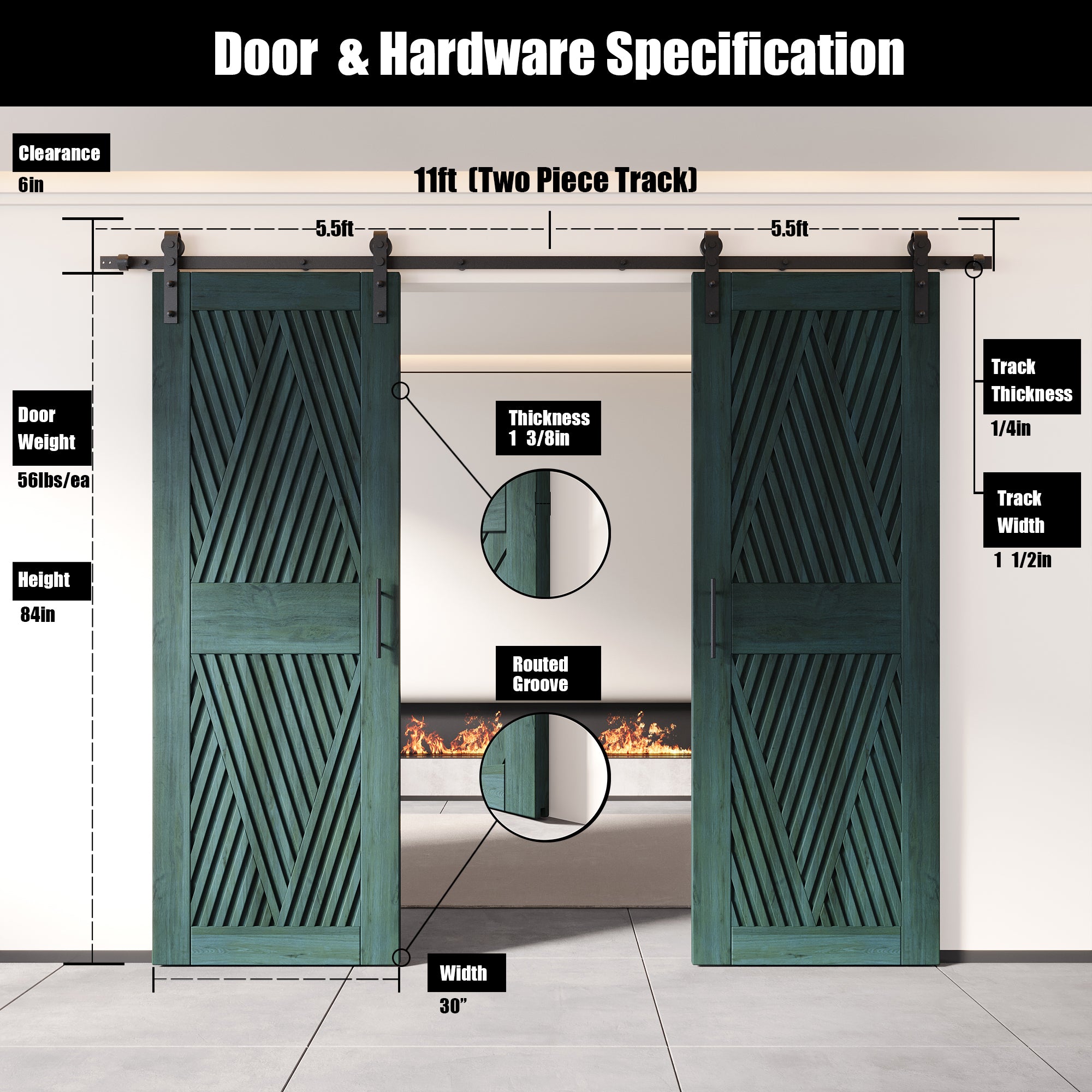 84" Height Royal Pine Diamond Design Unassembled & Finished Double Pine Wood Barn Door with Non-Bypass Installation Hardware Kit(Interior Use Only)