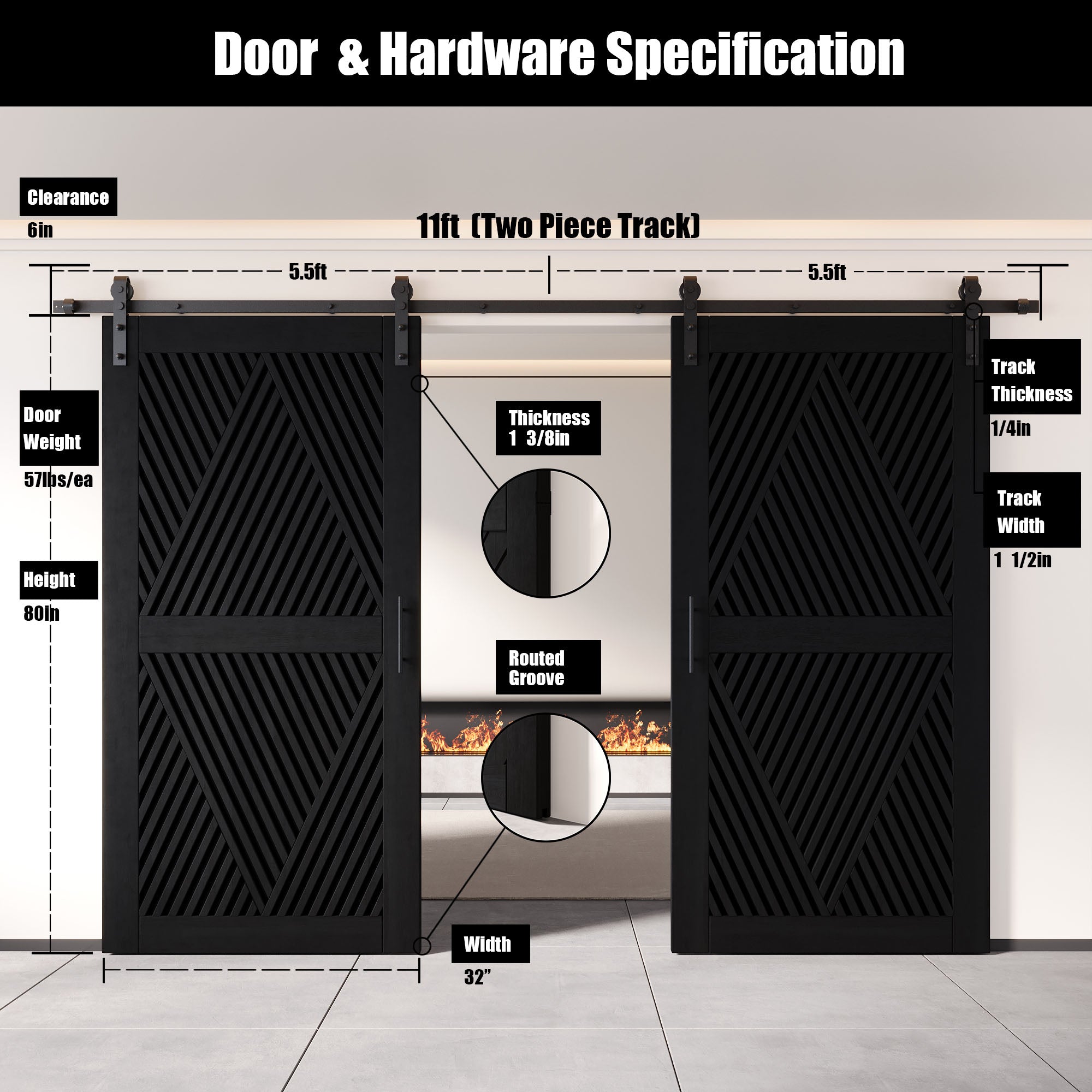 80" Height Black Diamond Design Unassembled & Finished Double Pine Wood Barn Door with Non-Bypass Installation Hardware Kit(Interior Use Only)