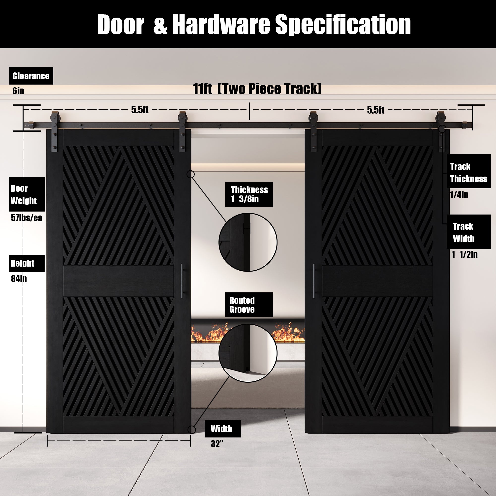 84" Height Black Diamond Design Unassembled & Finished Double Pine Wood Barn Door with Non-Bypass Installation Hardware Kit(Interior Use Only)