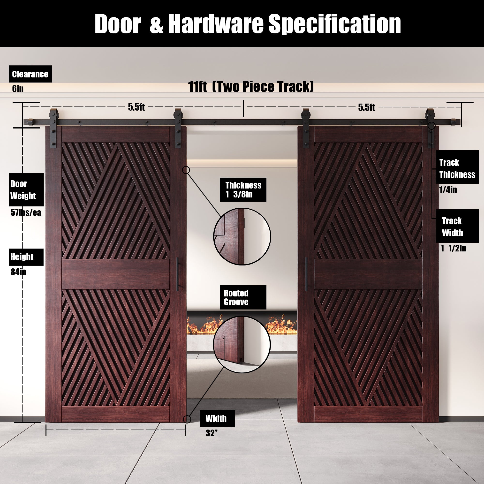 84" Height Red Mahogany Diamond Design Unassembled & Finished Double Pine Wood Barn Door with Non-Bypass Installation Hardware Kit(Interior Use Only)