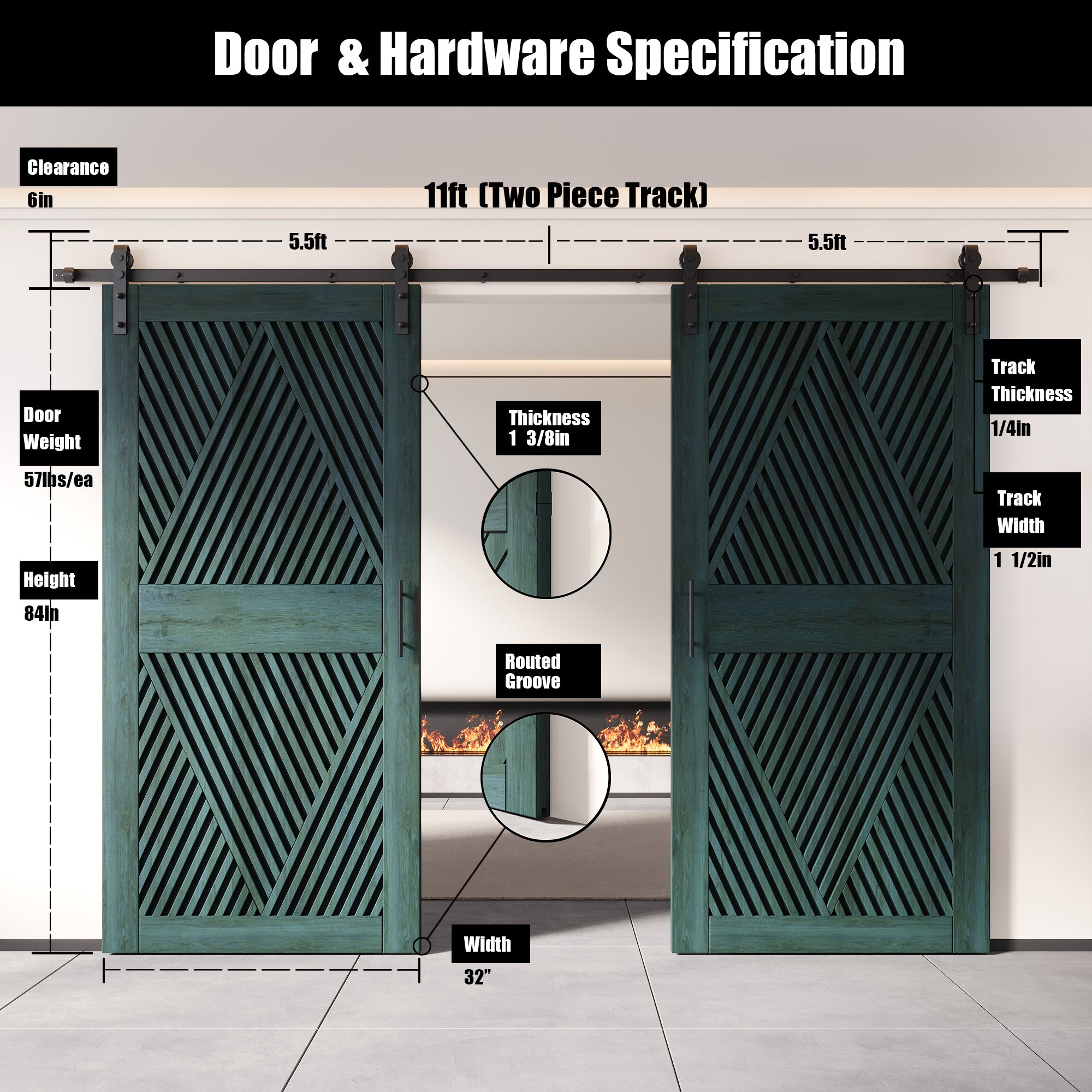 84" Height Royal Pine Diamond Design Unassembled & Finished Double Pine Wood Barn Door with Non-Bypass Installation Hardware Kit(Interior Use Only)