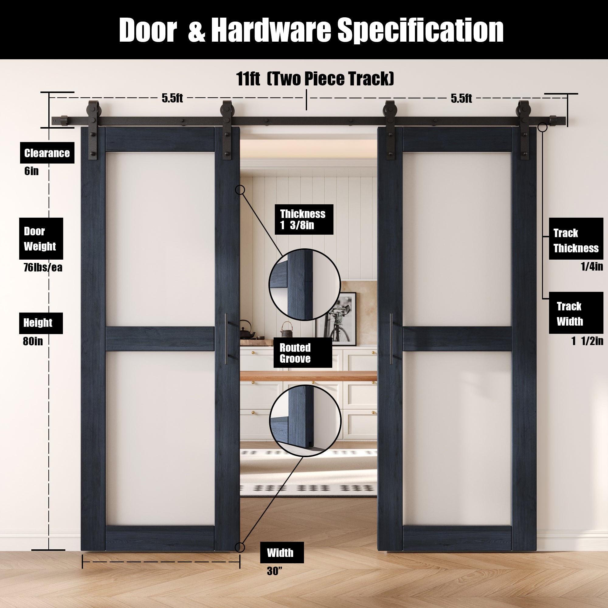 80" Height Navy 2-Lite Frosted Glass Double Unassembled & Finished Pine Wood Barn Doors with Non-Bypass Installation Hardware Kit (Interior Use Only)