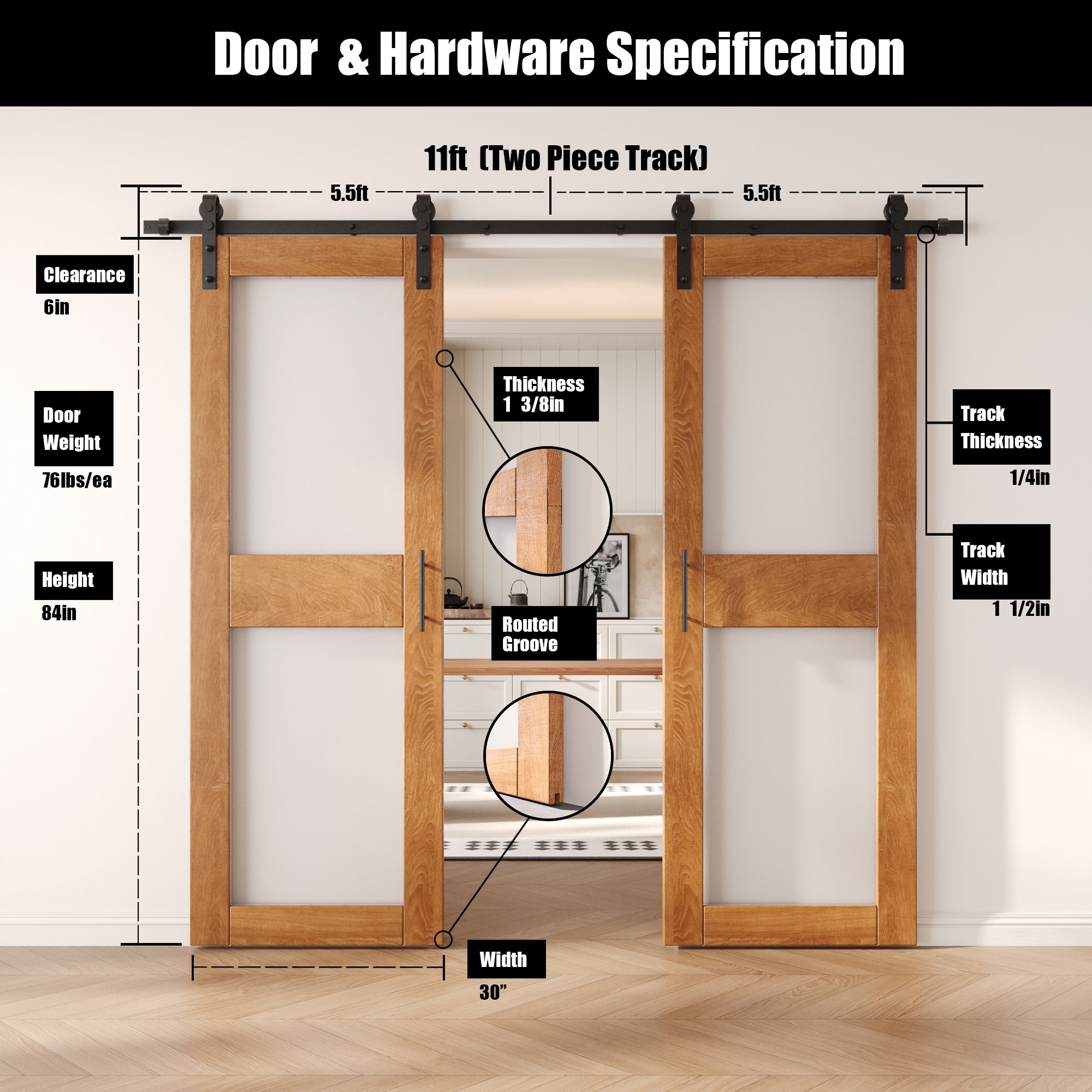 84" Height Early American 2-Lite Frosted Glass Double Unassembled & Finished Pine Wood Barn Doors with Non-Bypass Installation Hardware Kit (Interior Use Only)