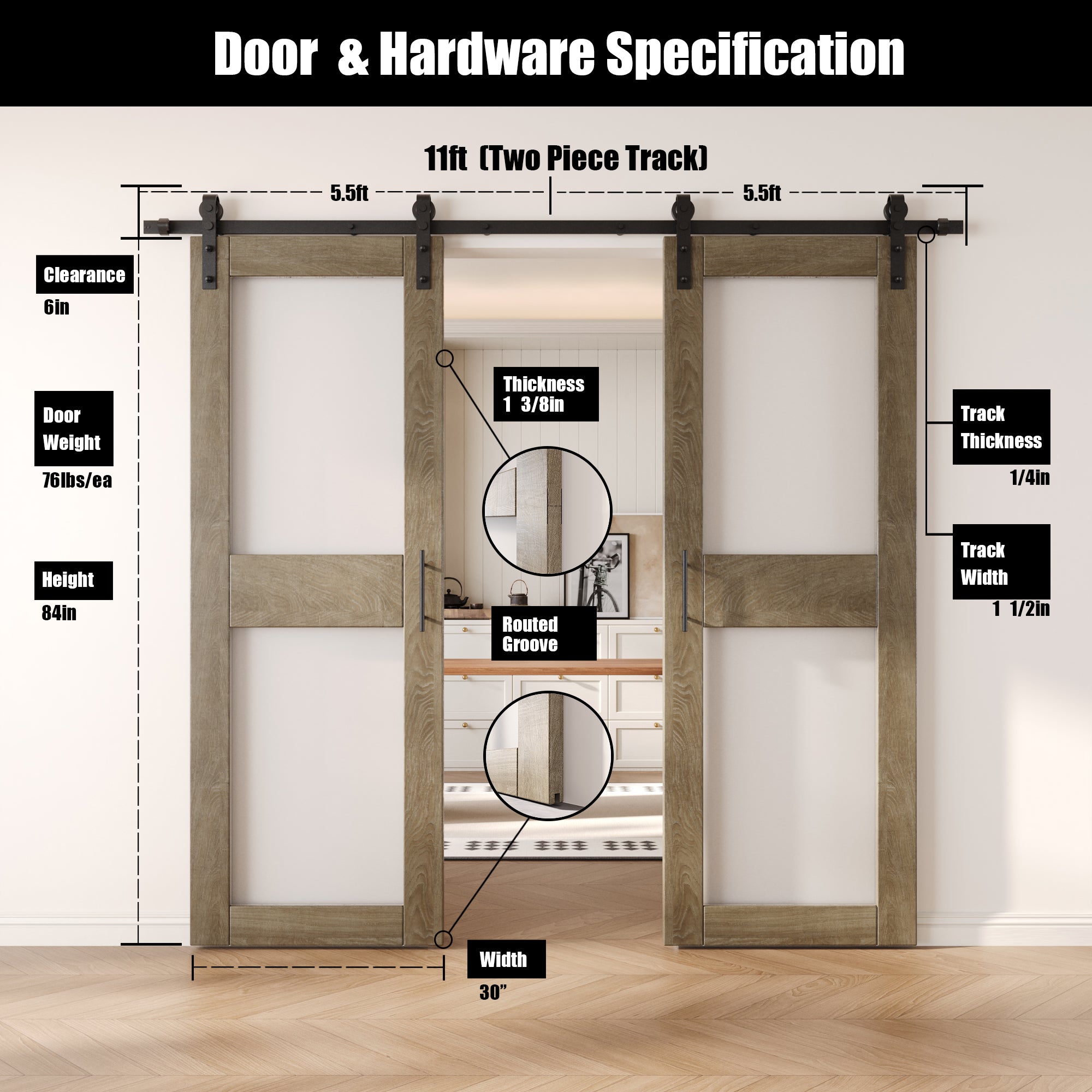 84" Height Classic Gray 2-Lite Frosted Glass Double Unassembled & Finished Pine Wood Barn Doors with Non-Bypass Installation Hardware Kit (Interior Use Only)
