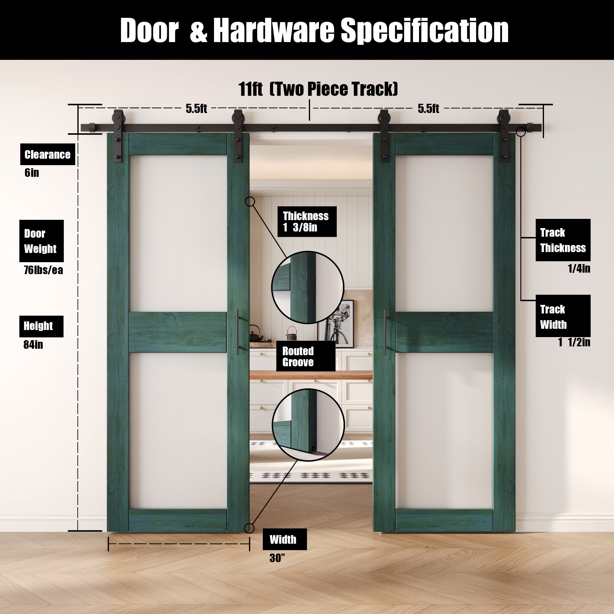 84" Height Royal Pine 2-Lite Frosted Glass Double Unassembled & Finished Pine Wood Barn Doors with Non-Bypass Installation Hardware Kit (Interior Use Only)
