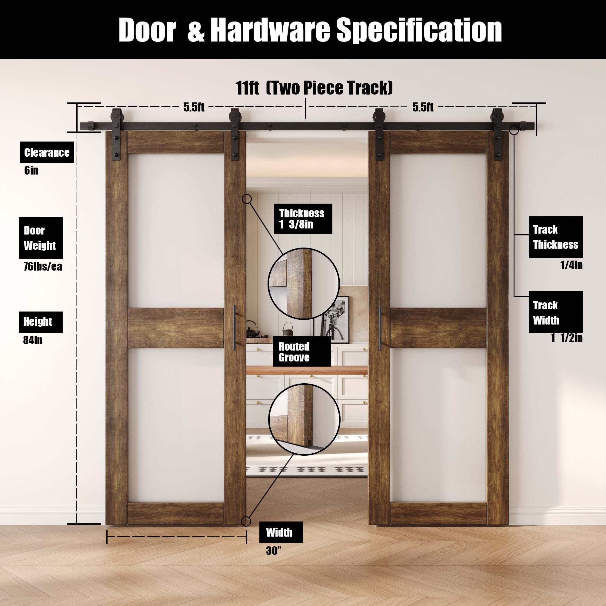 84" Height Dark Walnut 2-Lite Frosted Glass Double Unassembled & Finished Pine Wood Barn Doors with Non-Bypass Installation Hardware Kit (Interior Use Only)
