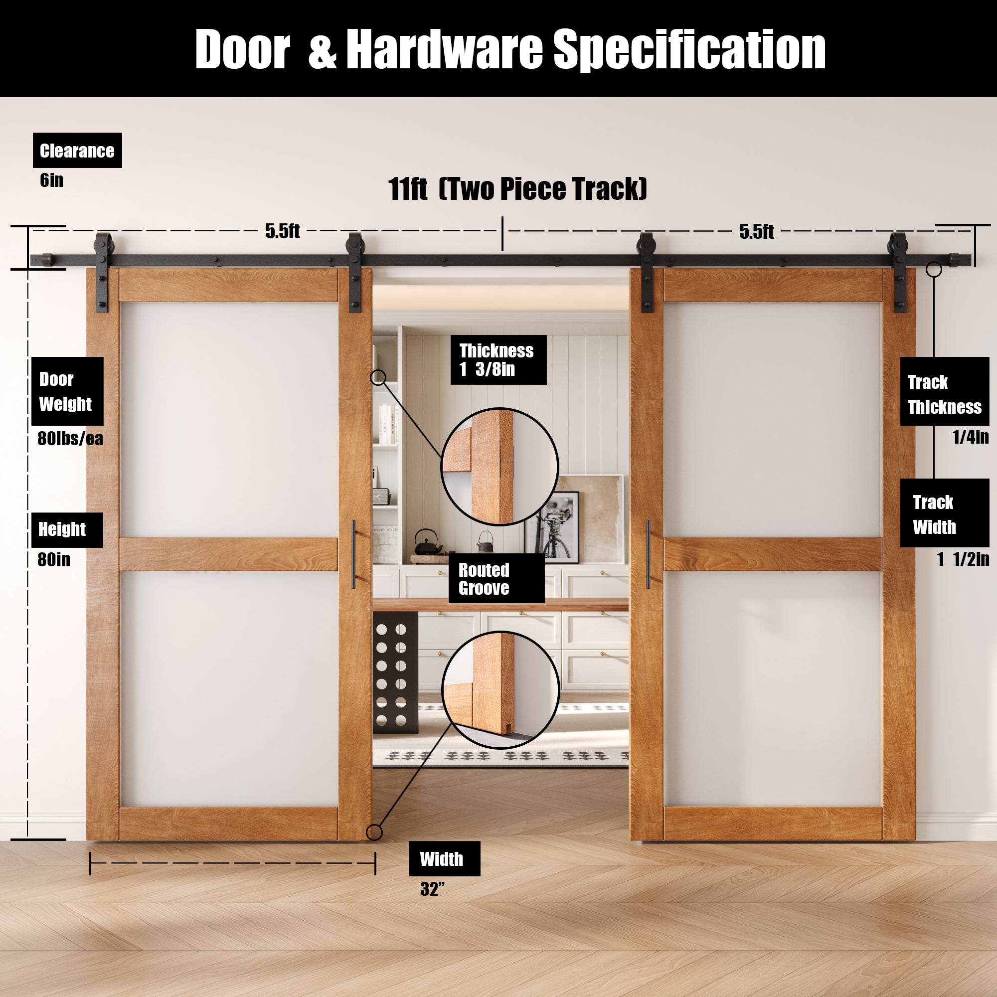 80" Height Early American 2-Lite Frosted Glass Double Unassembled & Finished Pine Wood Barn Doors with Non-Bypass Installation Hardware Kit (Interior Use Only)