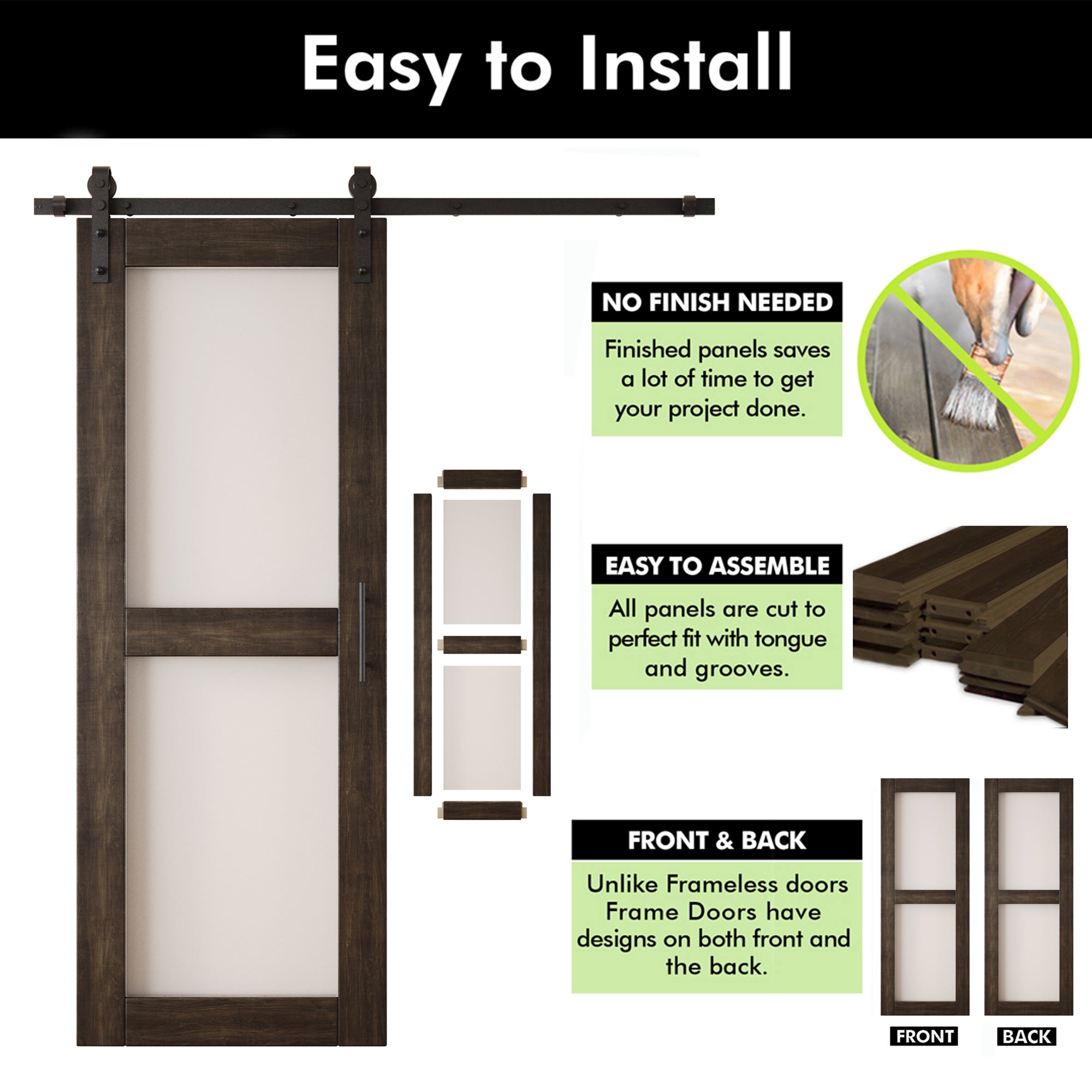 80" Height Ebony 2-Lite Frosted Glass Double Unassembled & Finished Pine Wood Barn Doors with Non-Bypass Installation Hardware Kit (Interior Use Only)