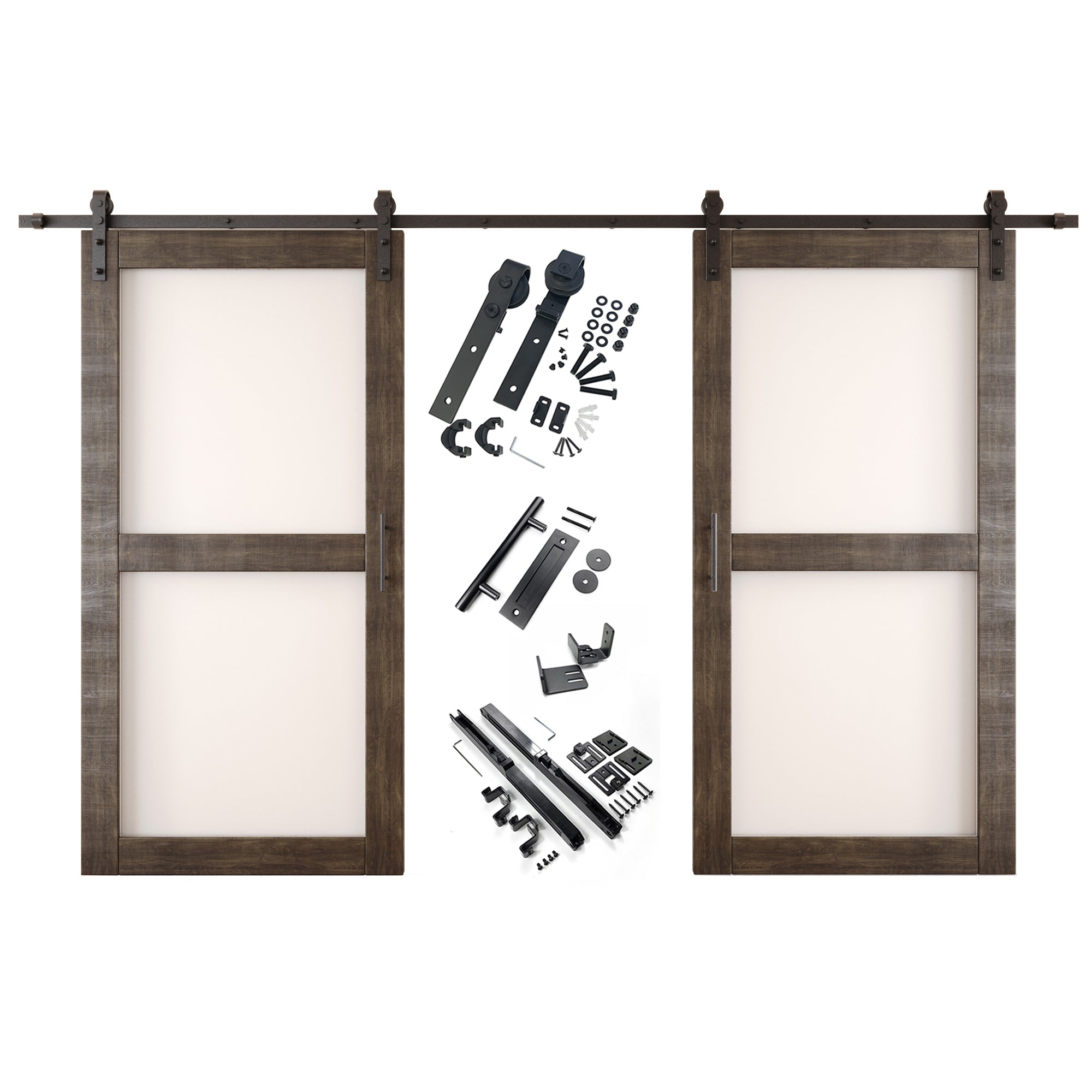80" Height Ebony 2-Lite Frosted Glass Double Unassembled & Finished Pine Wood Barn Doors with Non-Bypass Installation Hardware Kit (Interior Use Only)