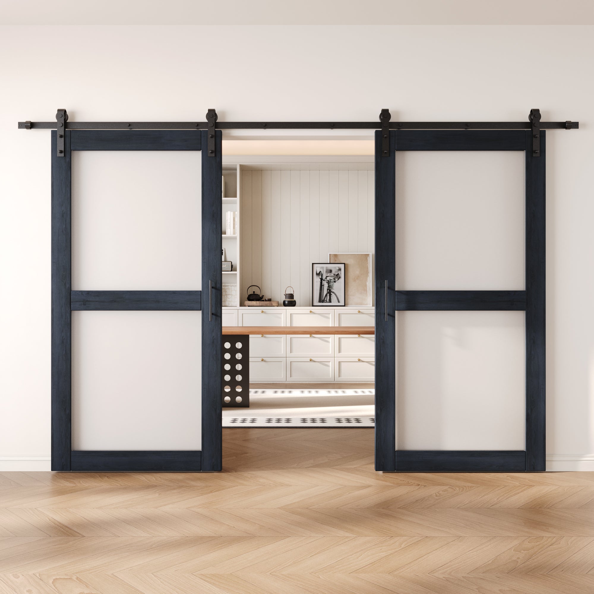80" Height Navy 2-Lite Frosted Glass Double Unassembled & Finished Pine Wood Barn Doors with Non-Bypass Installation Hardware Kit (Interior Use Only)