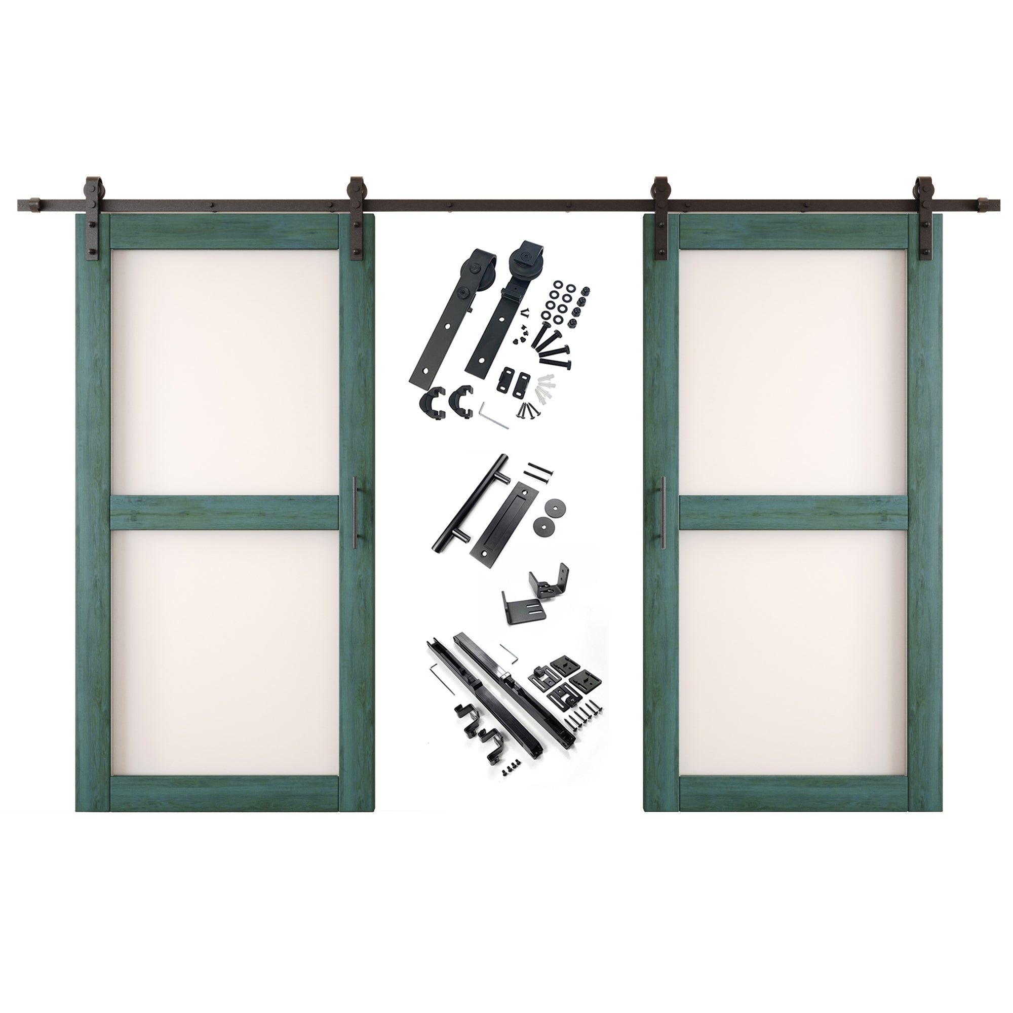 80" Height Royal Pine 2-Lite Frosted Glass Double Unassembled & Finished Pine Wood Barn Doors with Non-Bypass Installation Hardware Kit (Interior Use Only)