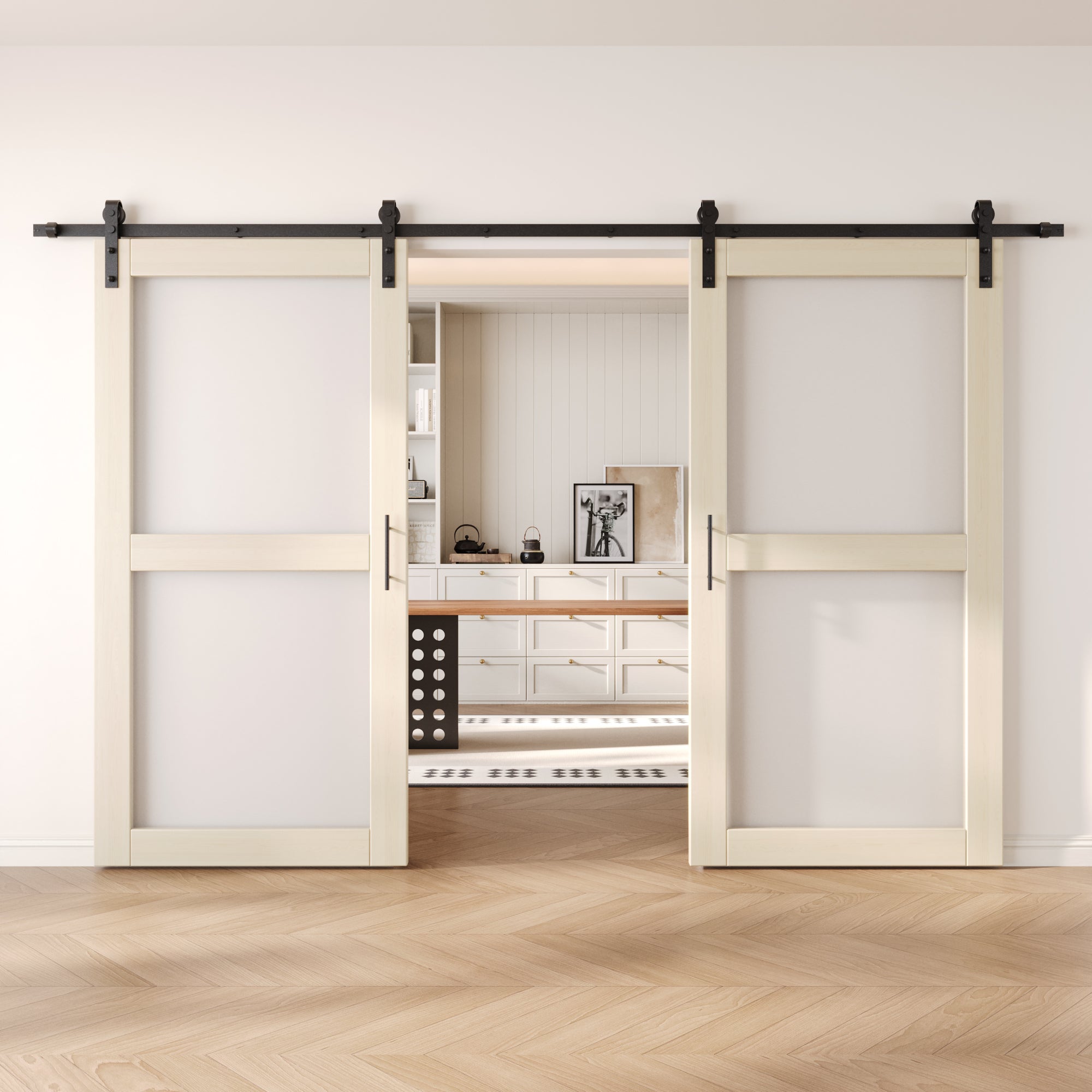 80" Height Tinsmith Gray 2-Lite Frosted Glass Double Unassembled & Finished Pine Wood Barn Doors with Non-Bypass Installation Hardware Kit (Interior Use Only)