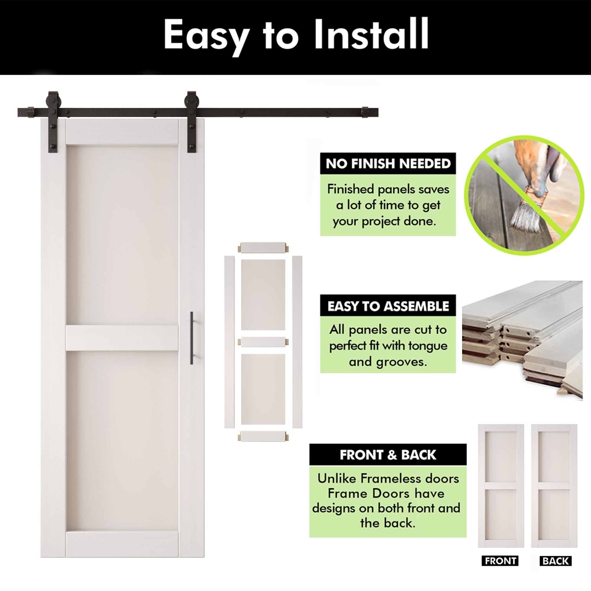80" Height White 2-Lite Frosted Glass Double Unassembled & Finished Pine Wood Barn Doors with Non-Bypass Installation Hardware Kit (Interior Use Only)