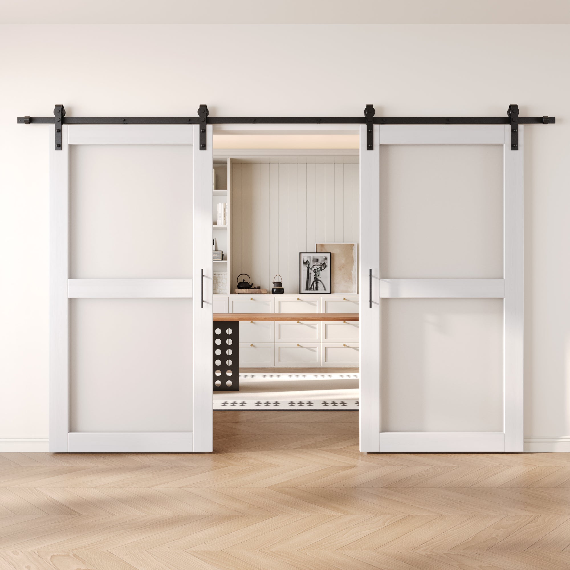 80" Height White 2-Lite Frosted Glass Double Unassembled & Finished Pine Wood Barn Doors with Non-Bypass Installation Hardware Kit (Interior Use Only)