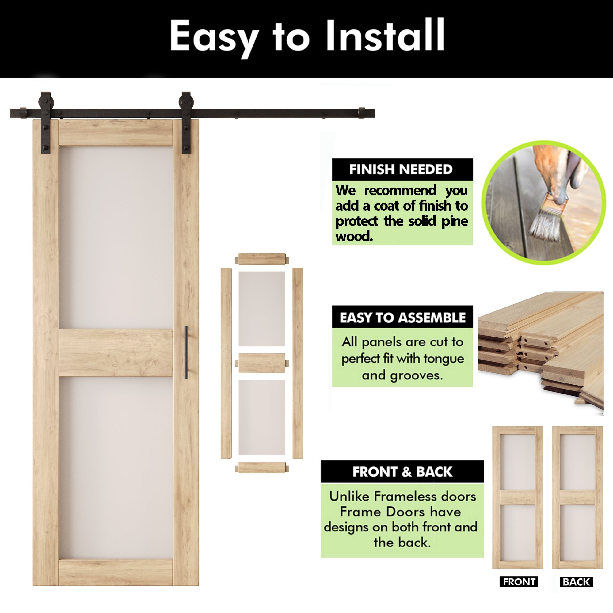 84" Height 2-Lite Frosted Glass Double Unassembled & Unfinished Pine Wood Barn Doors with Non-Bypass Installation Hardware Kit (Interior Use Only)
