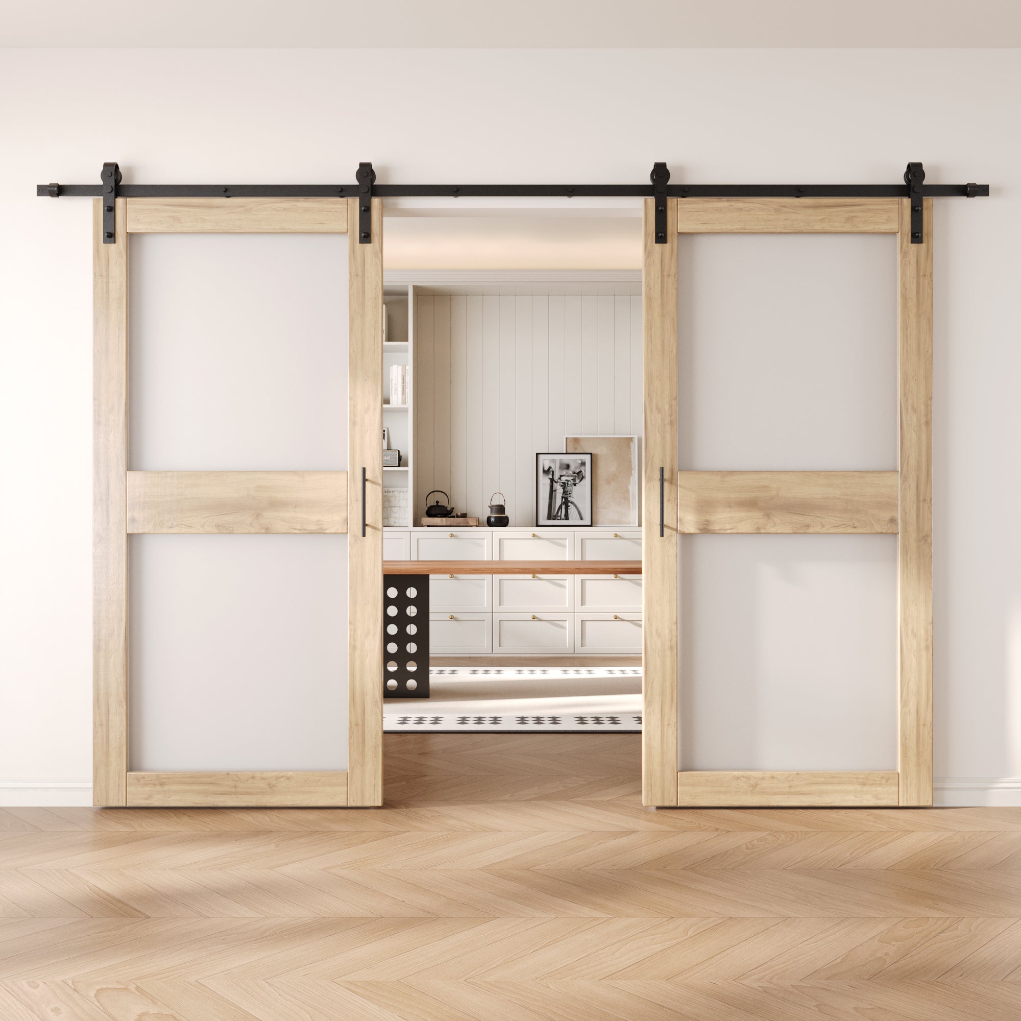 84" Height 2-Lite Frosted Glass Double Unassembled & Unfinished Pine Wood Barn Doors with Non-Bypass Installation Hardware Kit (Interior Use Only)