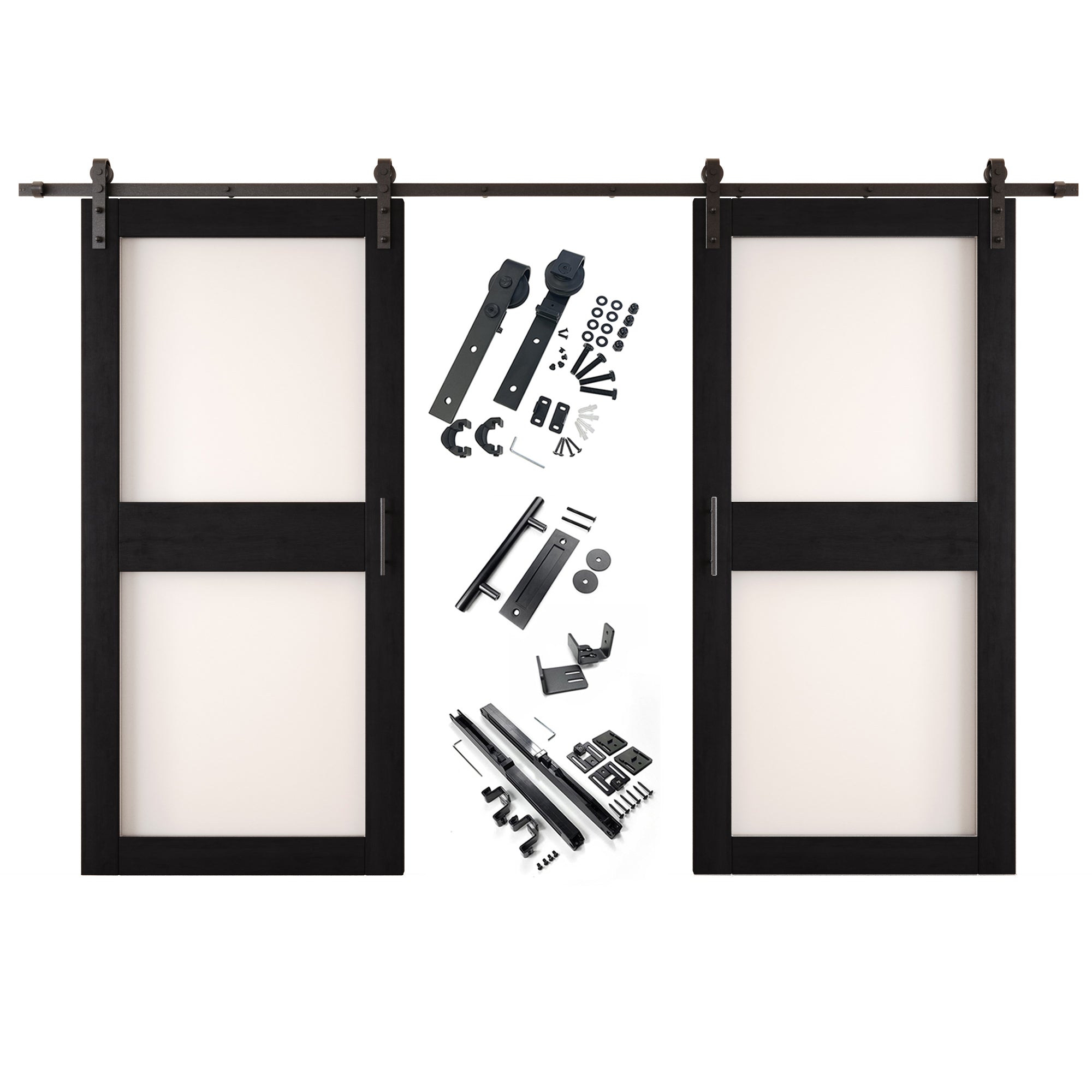 84" Height Black 2-Lite Frosted Glass Double Unassembled & Finished Pine Wood Barn Doors with Non-Bypass Installation Hardware Kit (Interior Use Only)
