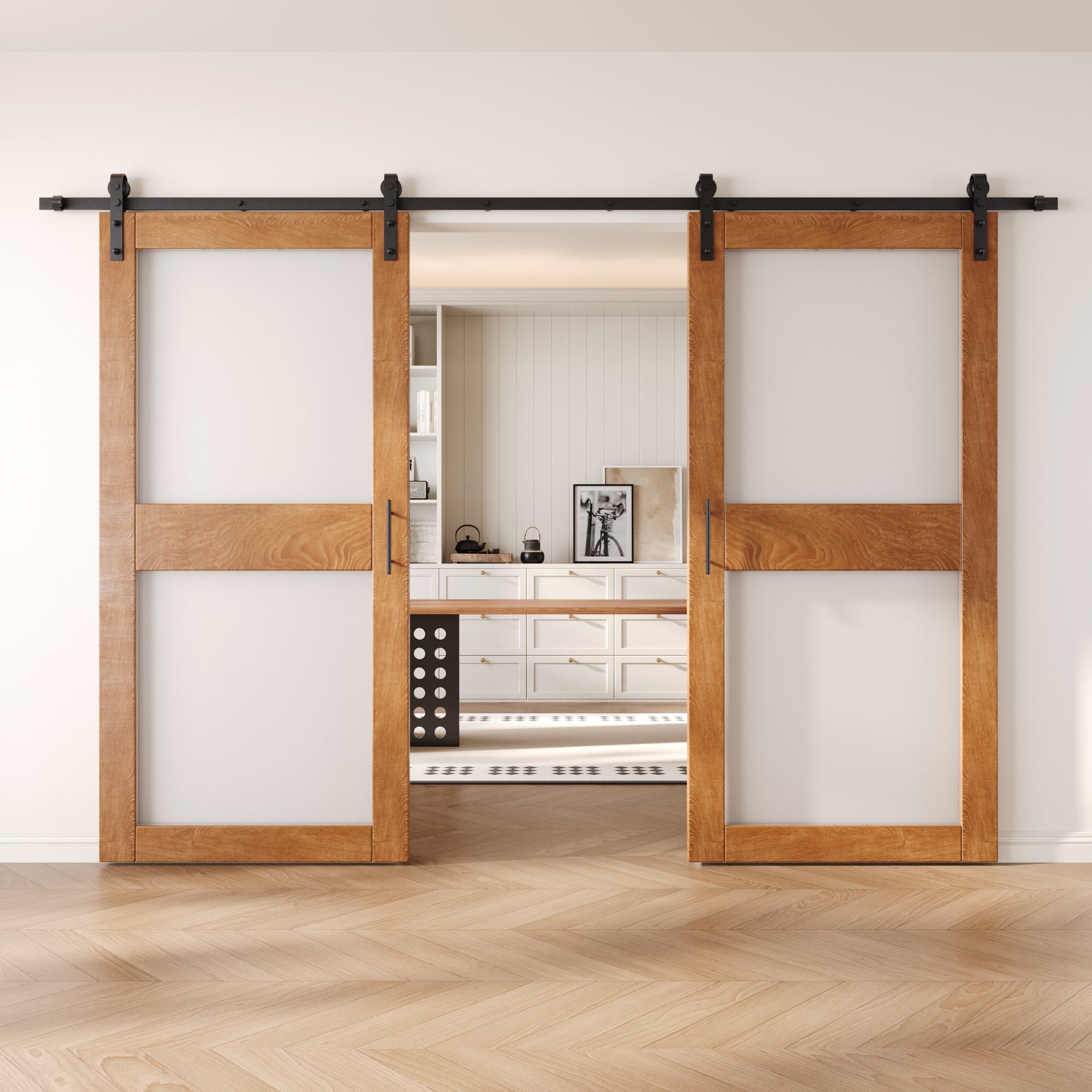 84" Height Early American 2-Lite Frosted Glass Double Unassembled & Finished Pine Wood Barn Doors with Non-Bypass Installation Hardware Kit (Interior Use Only)