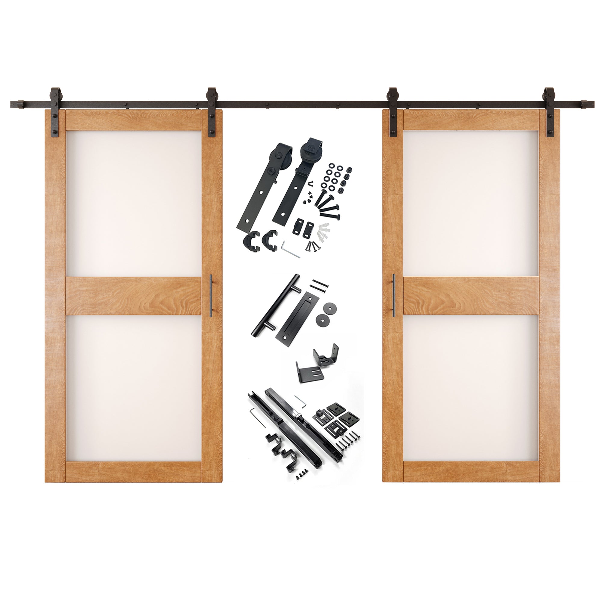 84" Height Early American 2-Lite Frosted Glass Double Unassembled & Finished Pine Wood Barn Doors with Non-Bypass Installation Hardware Kit (Interior Use Only)